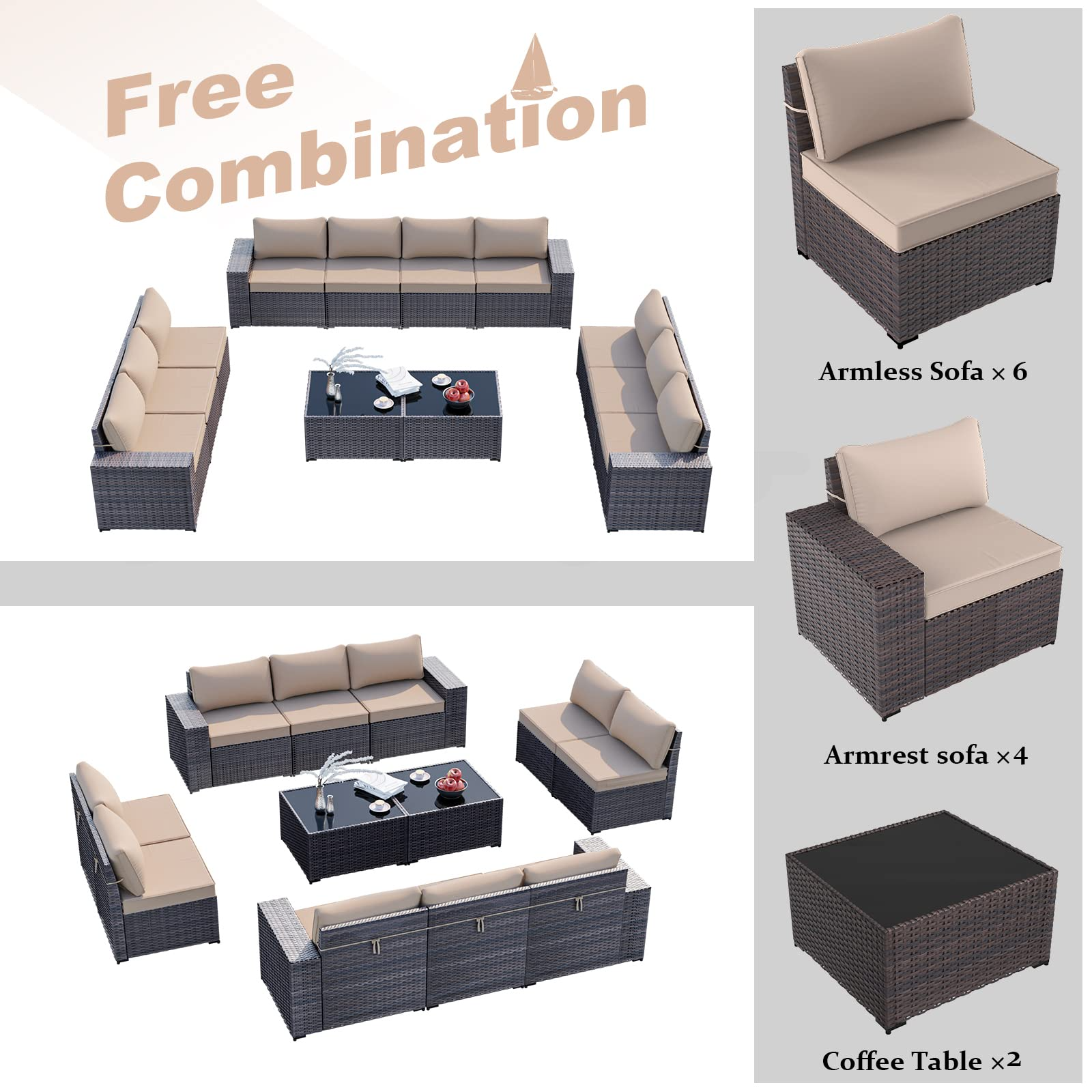 12 Pcs Patio Furniture Set Sectional Sofa Sets Brown PE