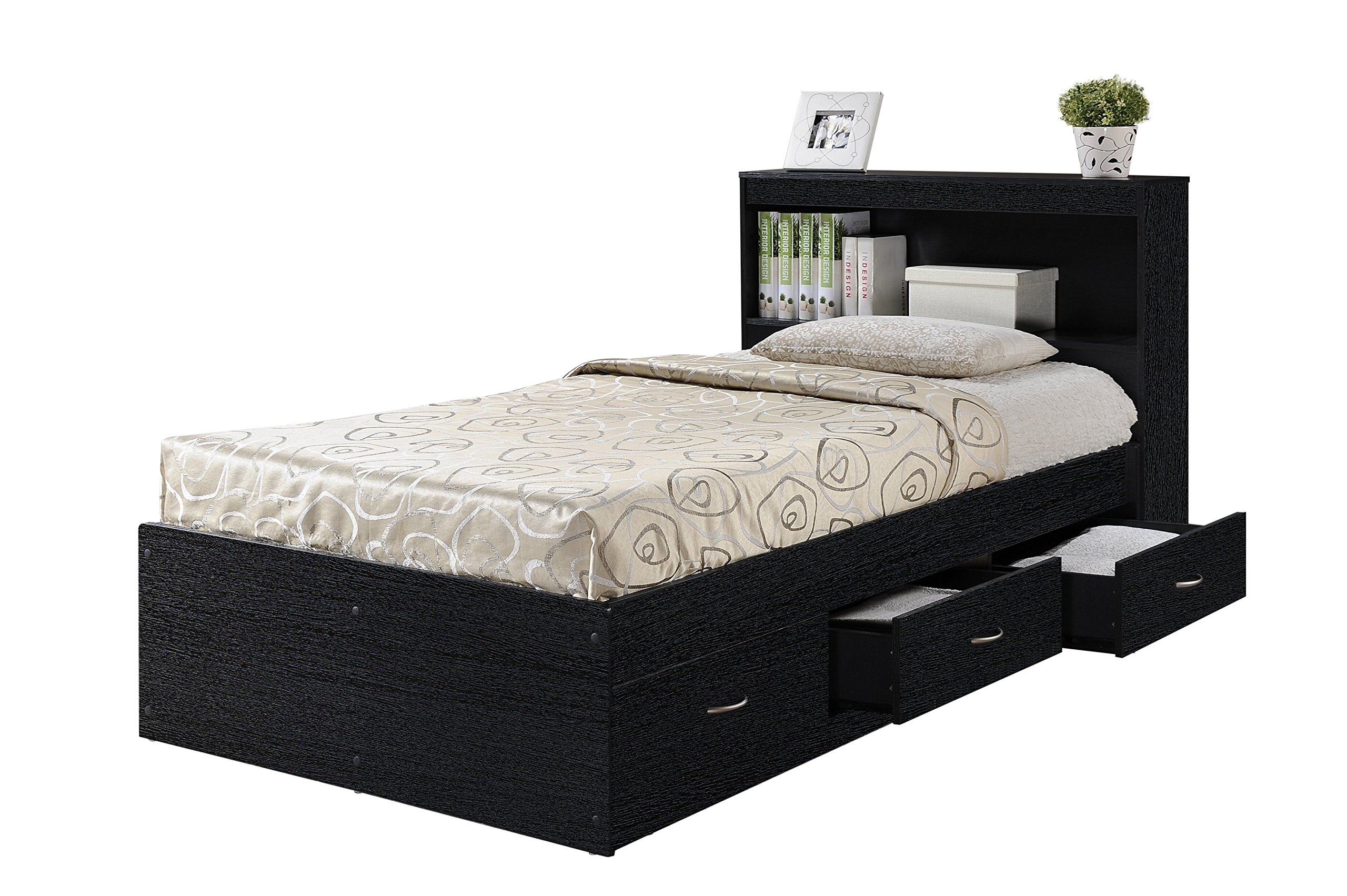 Hodedah Twin-Size Captain Bed with 3-Drawers and Headboard in