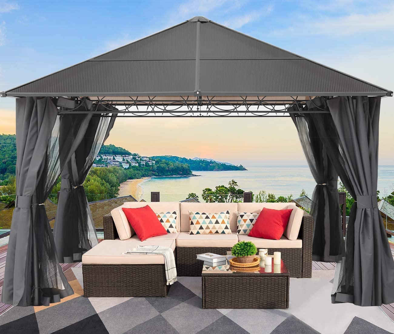 Double Roof Hardtop Patio Gazebo Canopy Frame with Netting