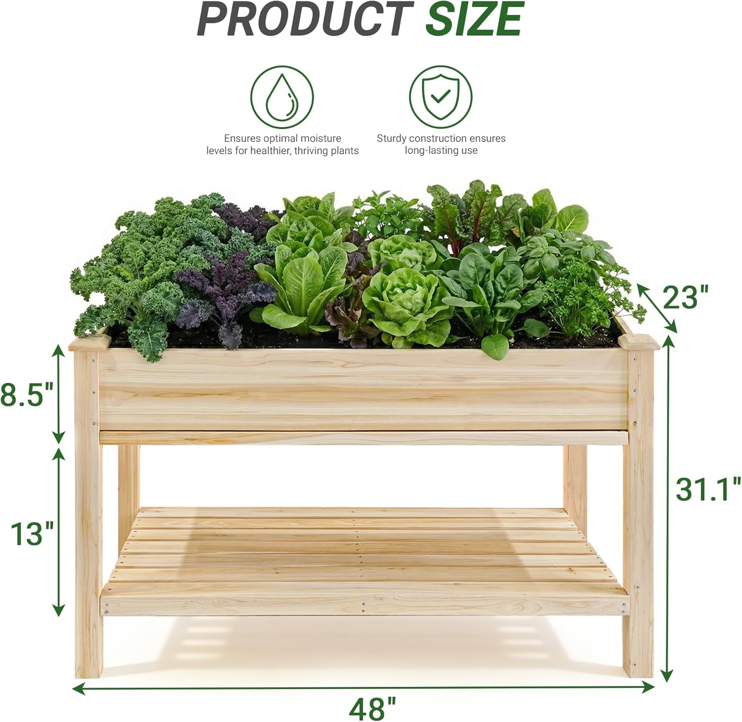 QIHAI Outdoor Wood Raised Garden Bed,Storage Shelf, Elevated Reinforced Large Planter Box for Vegetable Flower Backyard Patio Gardening Balcony,48x23x31.1-inch