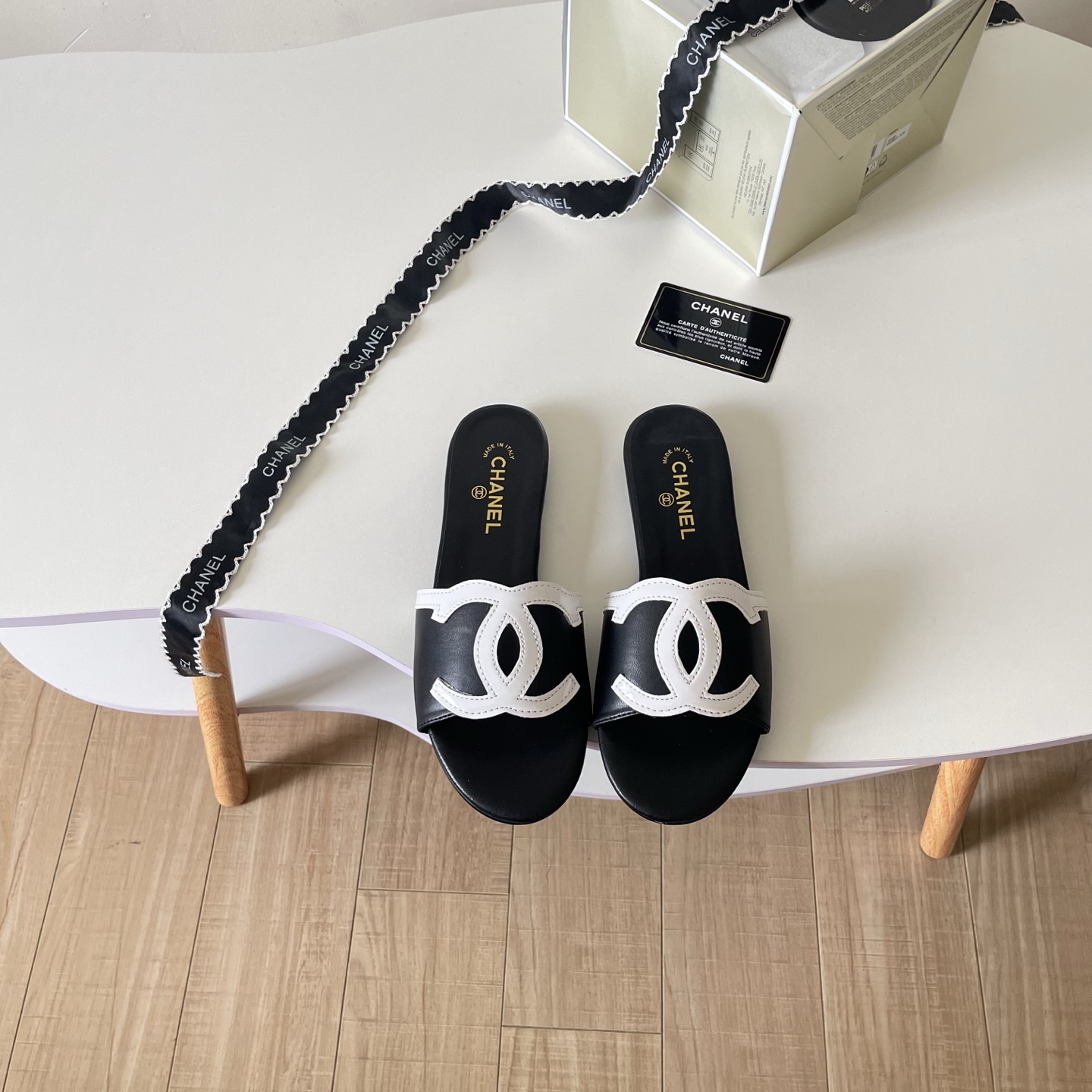 Chanel Contrast Logo Slide Sandals - Black and White & Light Blue