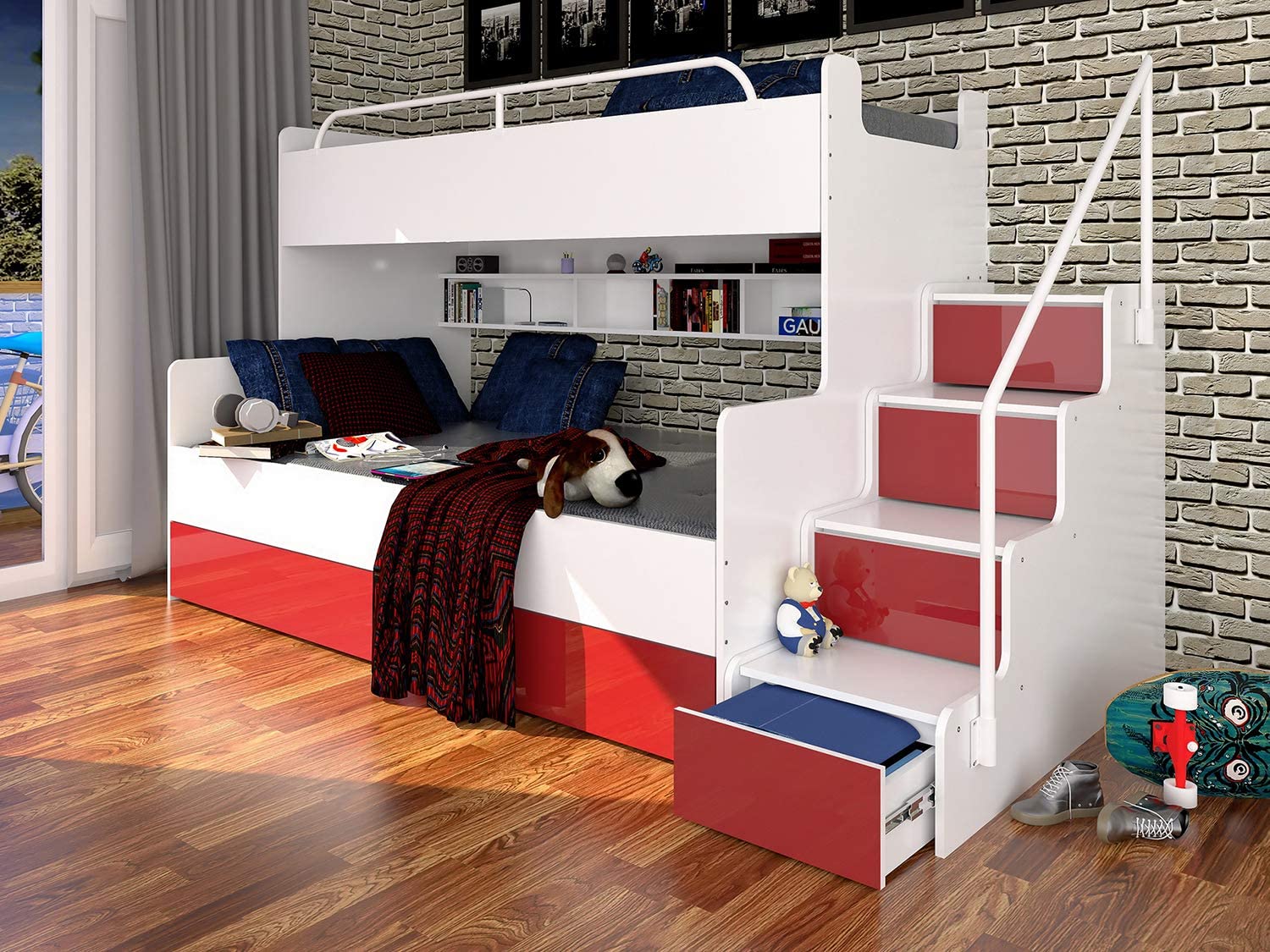 Bunk Bed for 2 Children Stairs Shelves Drawers Rail