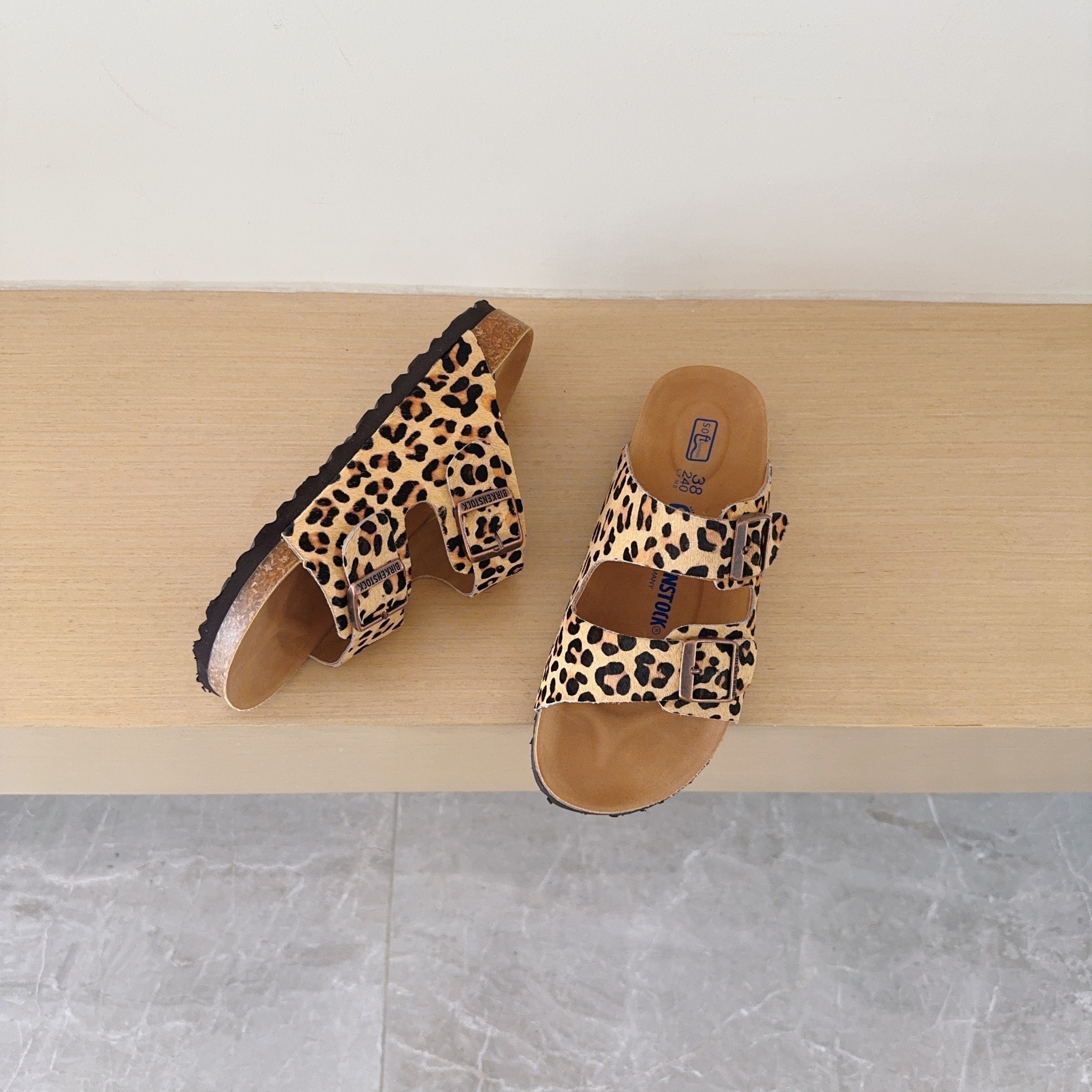 Leopard Print Birken-Style Two-Strap Sandals