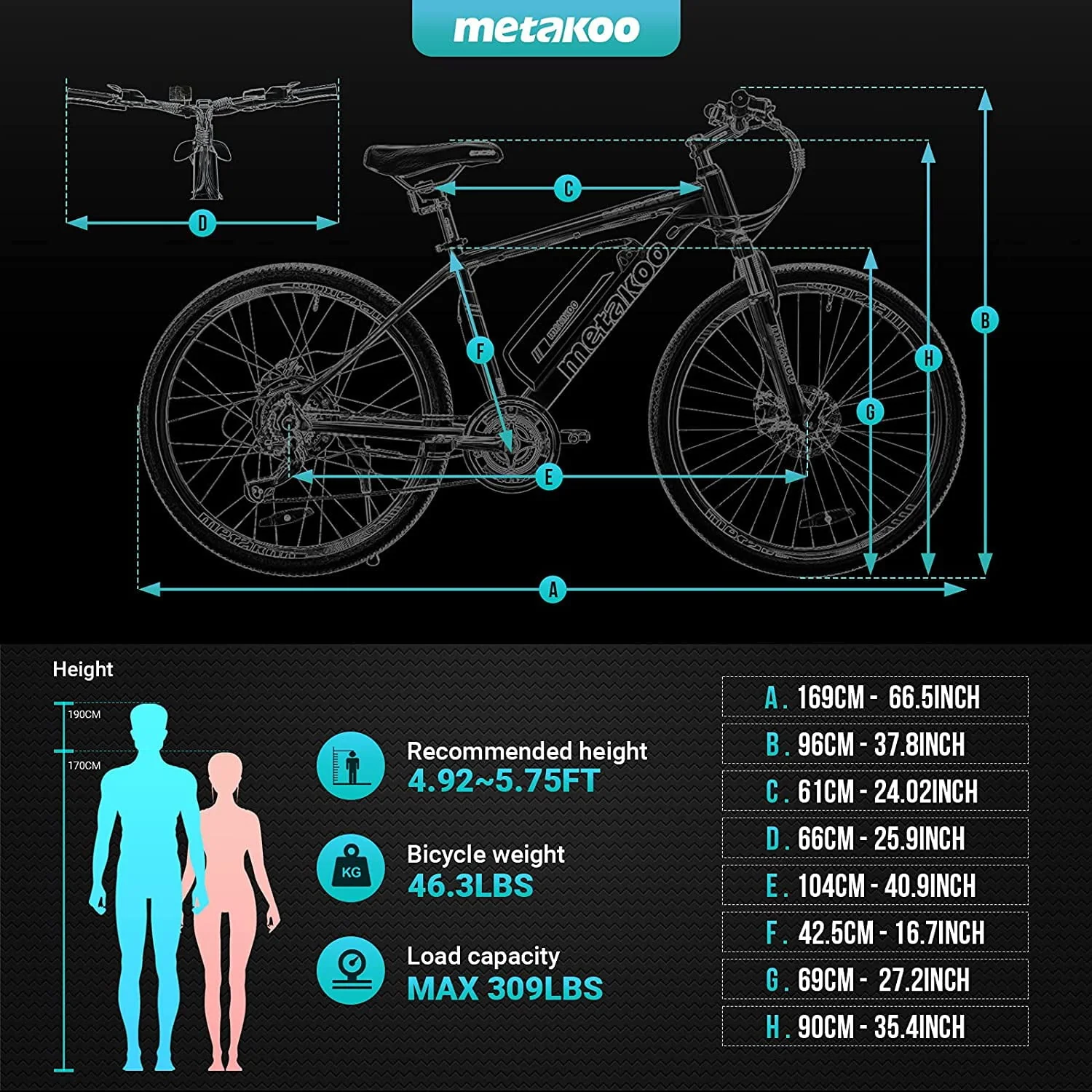 Metakoo 26in Electric Mountain Bike, 350W, 36V, Black