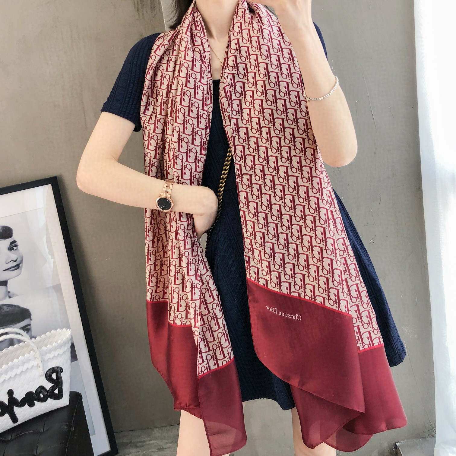 Dior Oblique Scarf Burgundy and Grey 90 x 180 cm product images