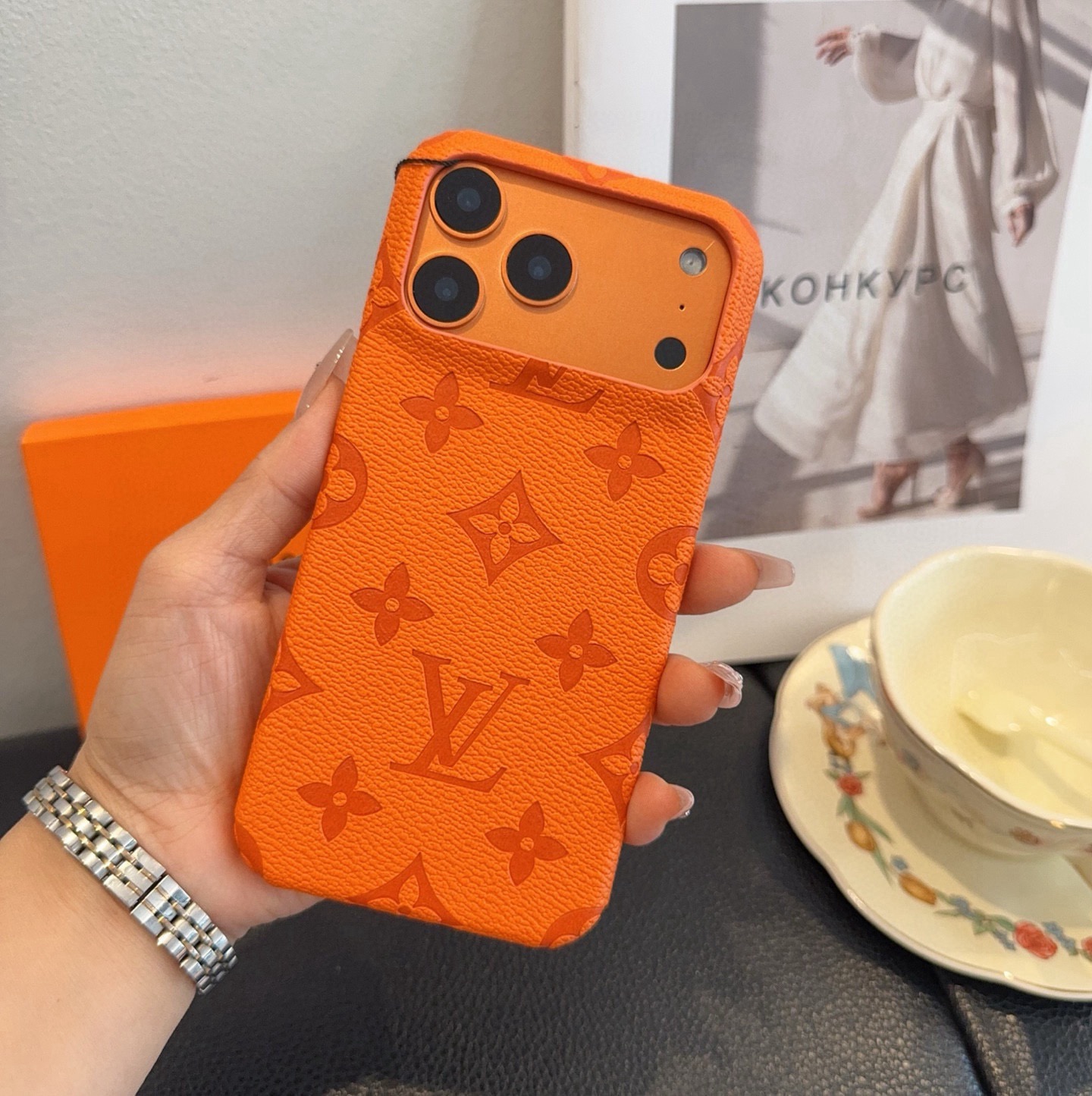 Louis Vuitton Style Embossed Monogram Leather Slim Phone Case