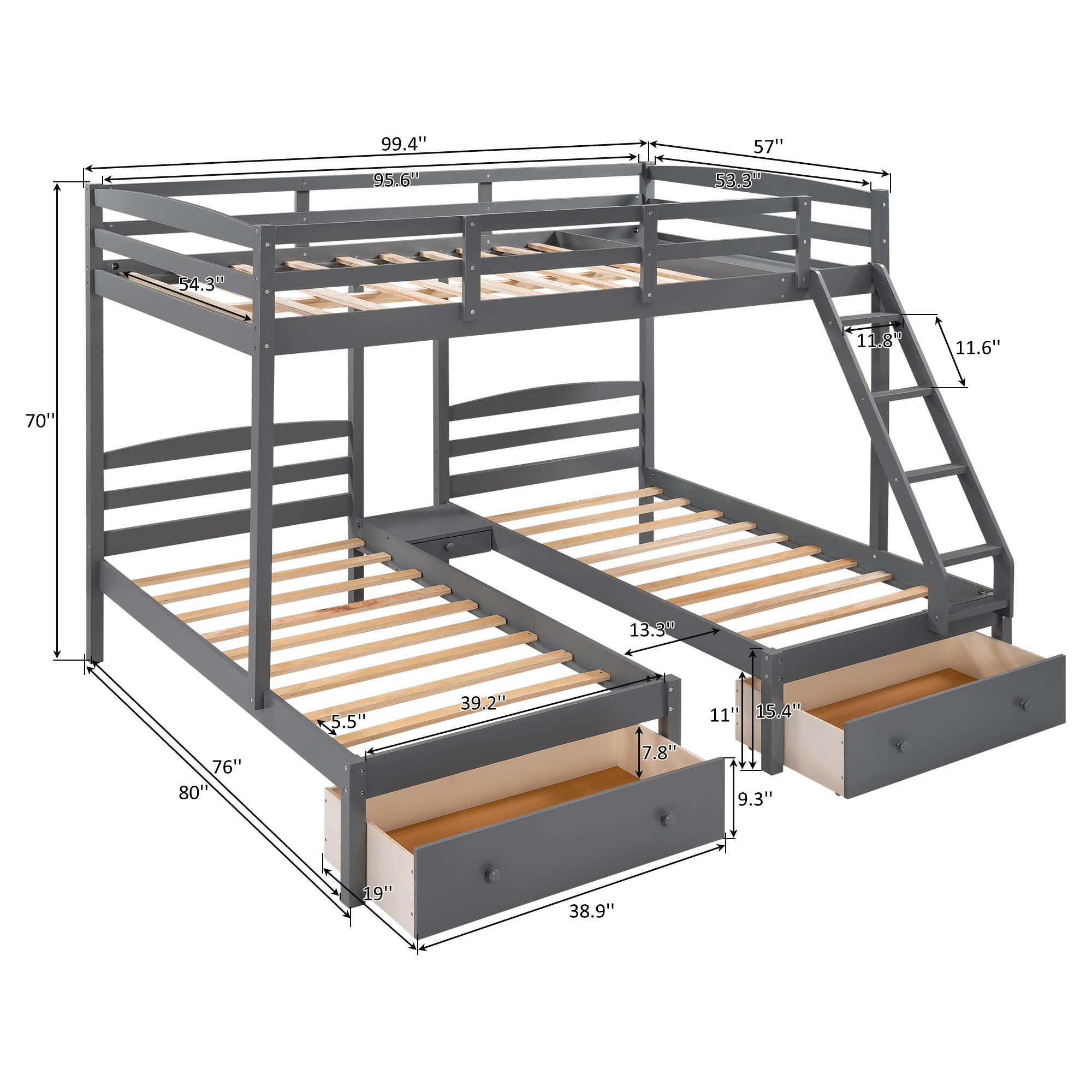 Triple Bunk Bed Full Over 2 Twin Bunk Bed with 3 Drawers &