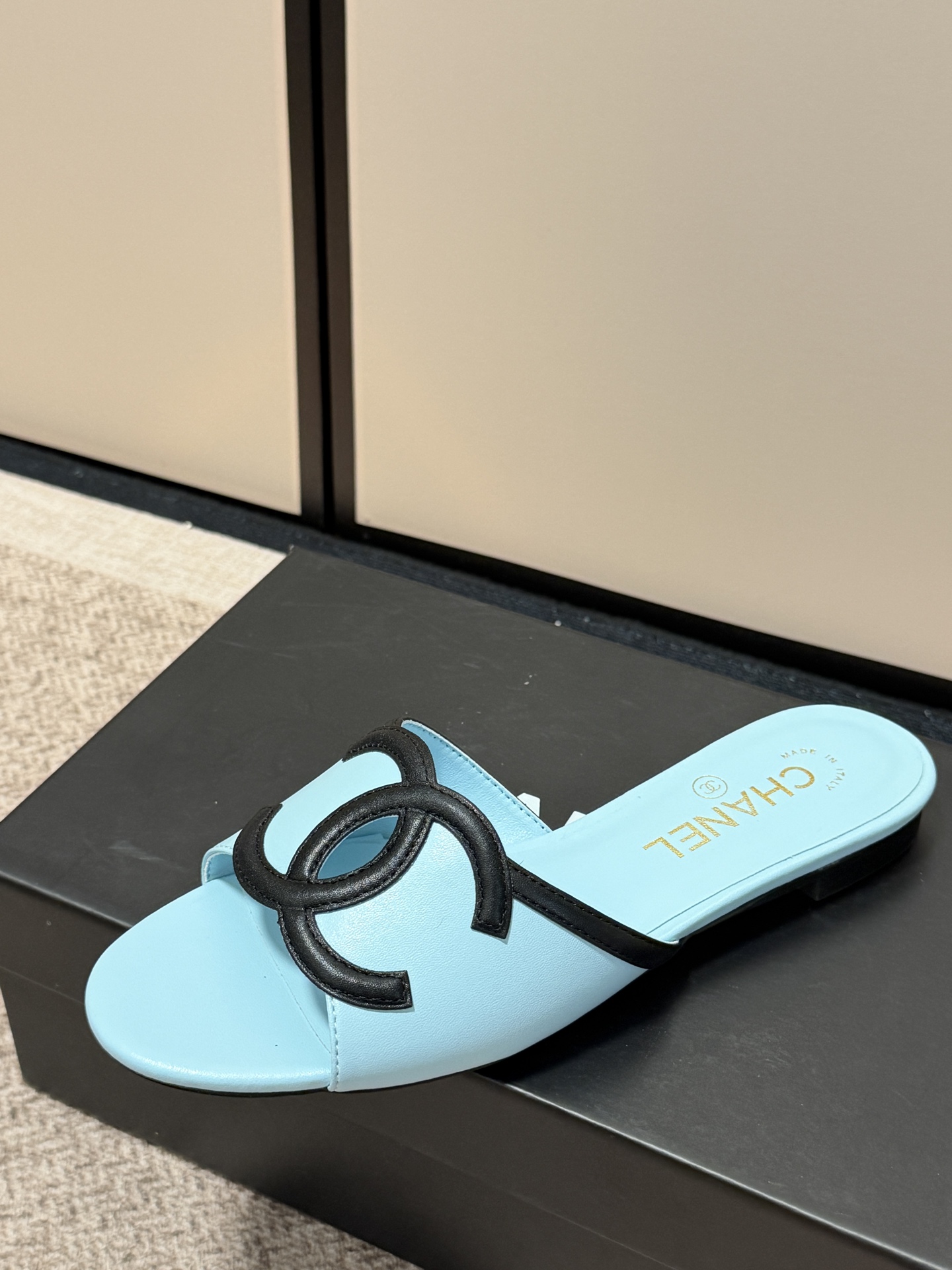 Chanel Cutout Double-C Slide Sandals - Light Blue detail 2