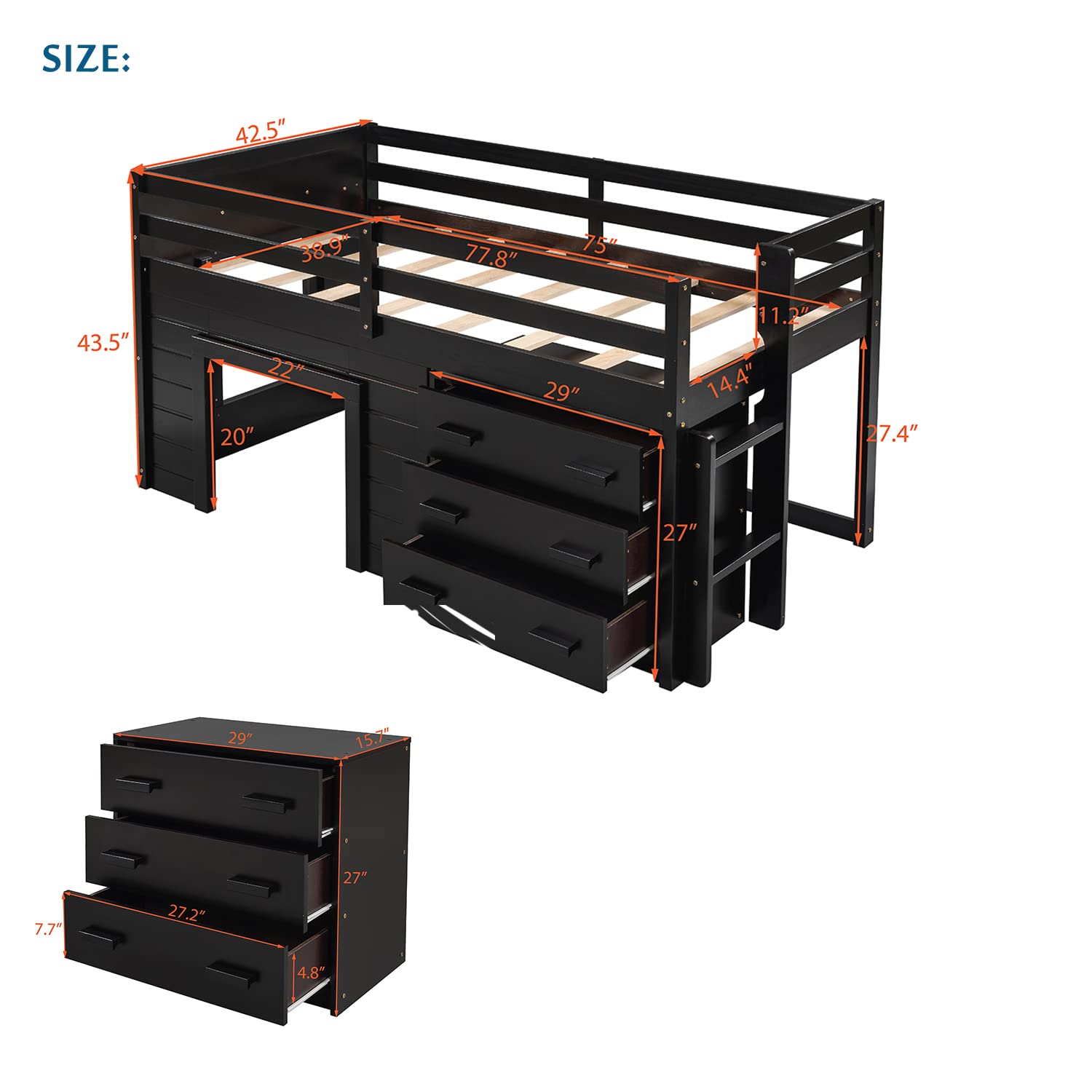 Bellemave Low Loft Beds with 3 Drawers Twin Loft Bed Frame with