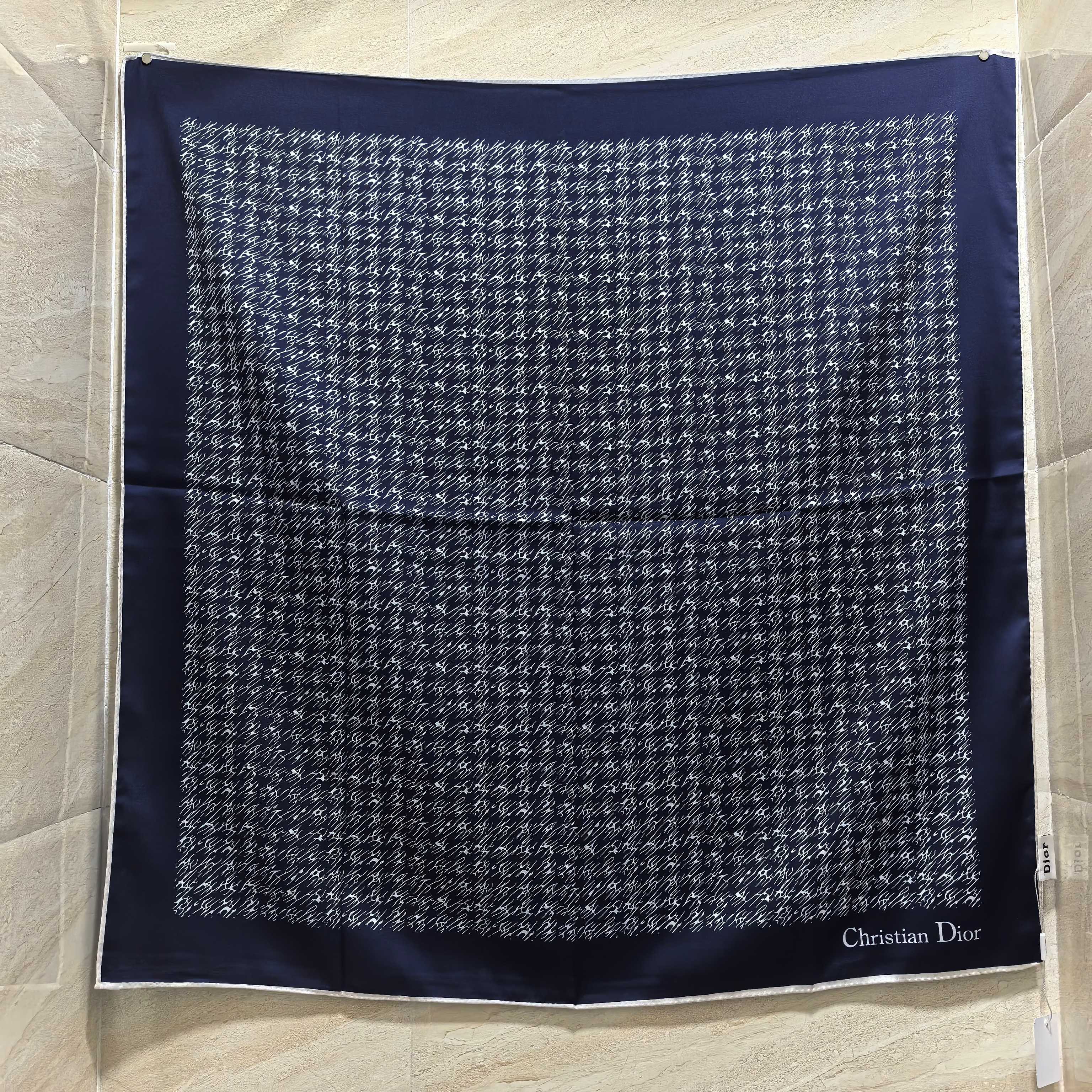 Dior Houndstooth Silk Square Scarf Grey and Navy 90 x 90 cm