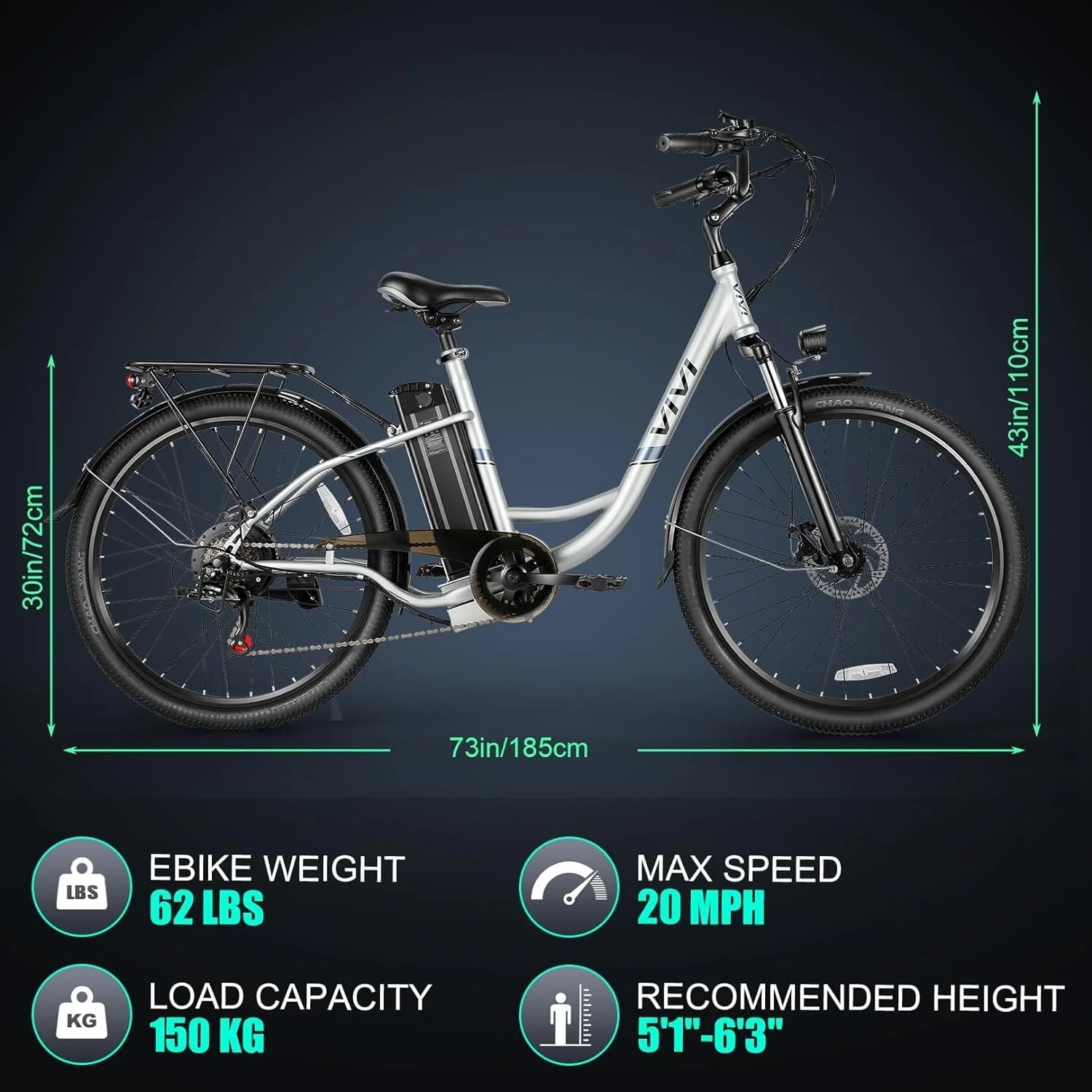 Vivi 26in Step-Through Electric Cruiser Bike, 500W