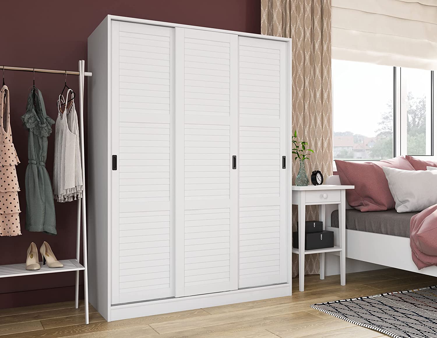 100% Solid Wood Wardrobe with 3 Sliding Louvered Doors