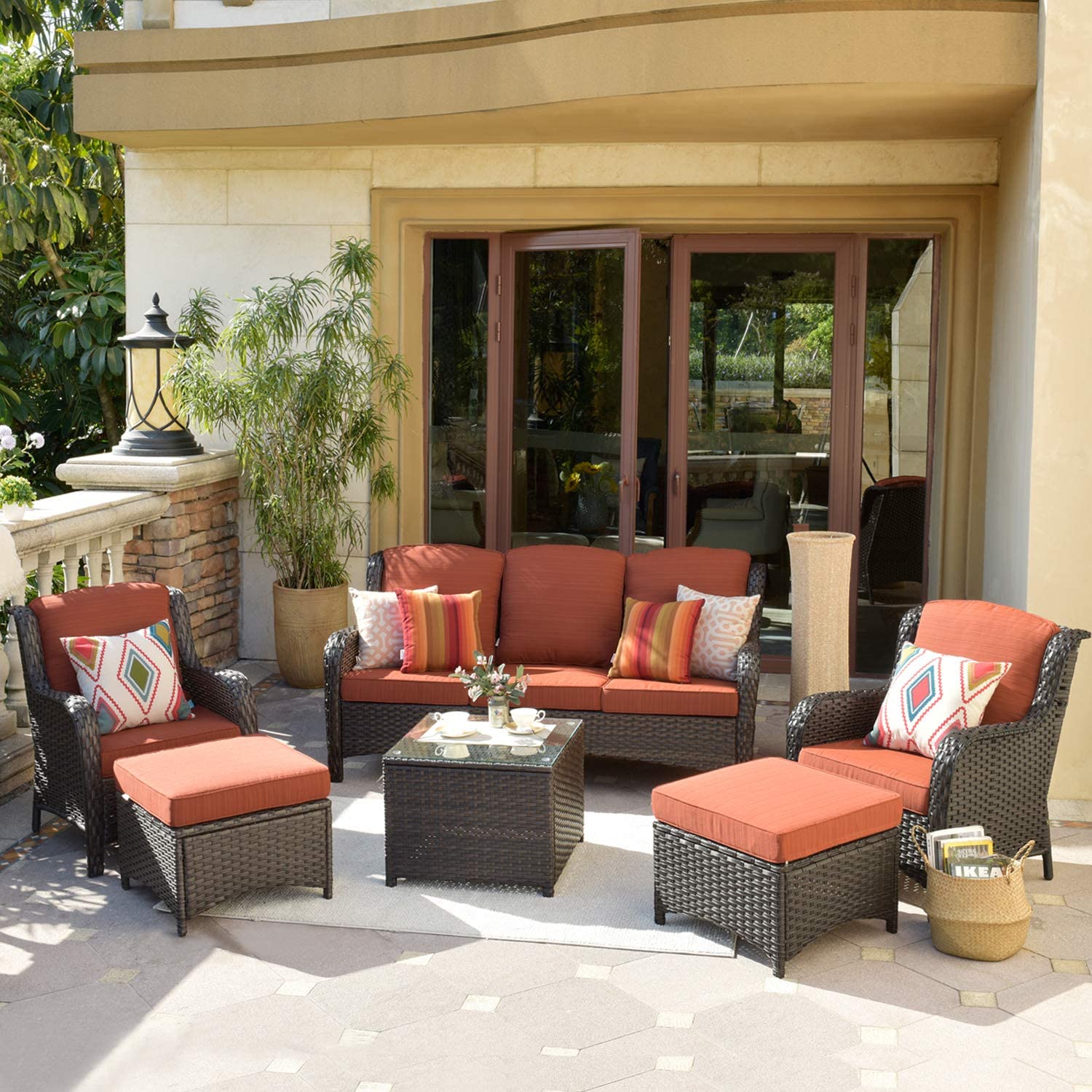 Patio Furniture Conversation Wicker 6 Pcs High Back Sofa w