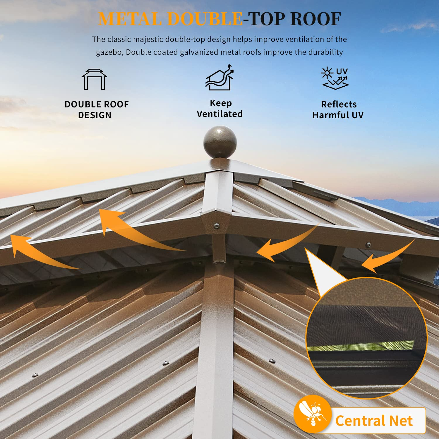 Hardtop Gazebo Galvanized Steel Patio Gazebo Canopy Double Roof