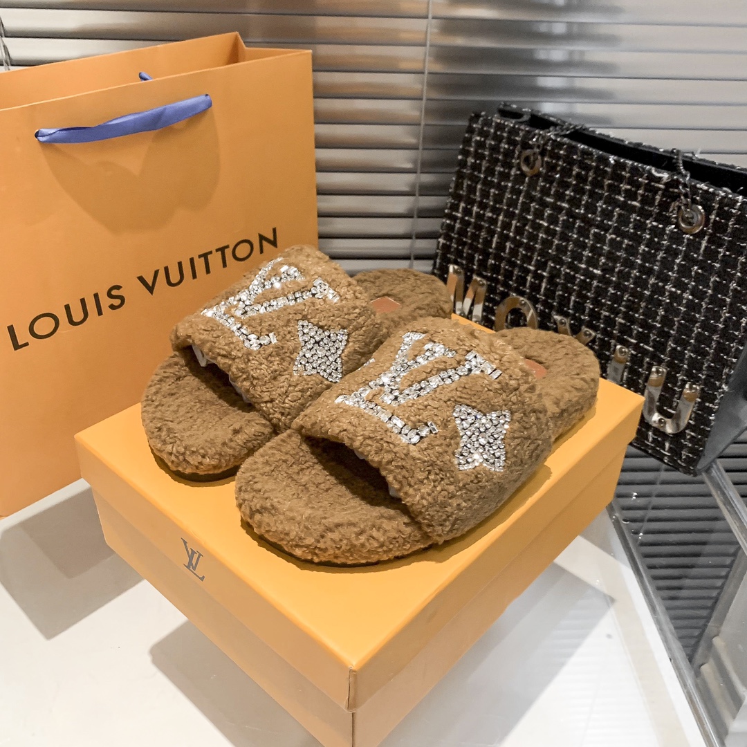 Louis Vuitton Style Shearling Slide Slippers with Crystal Strass LV Monogram