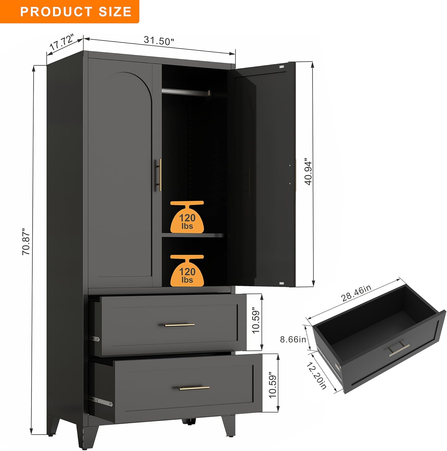 QIHAI 71 Tall Metal Wardrobe Cabinet with 2 Drawers and Hanging Rod, 2 Doors Wardrobe Closet with Shelf for Bedroom, Office, Laundry Room,Entryway,Foyer,Guesthouse,Black