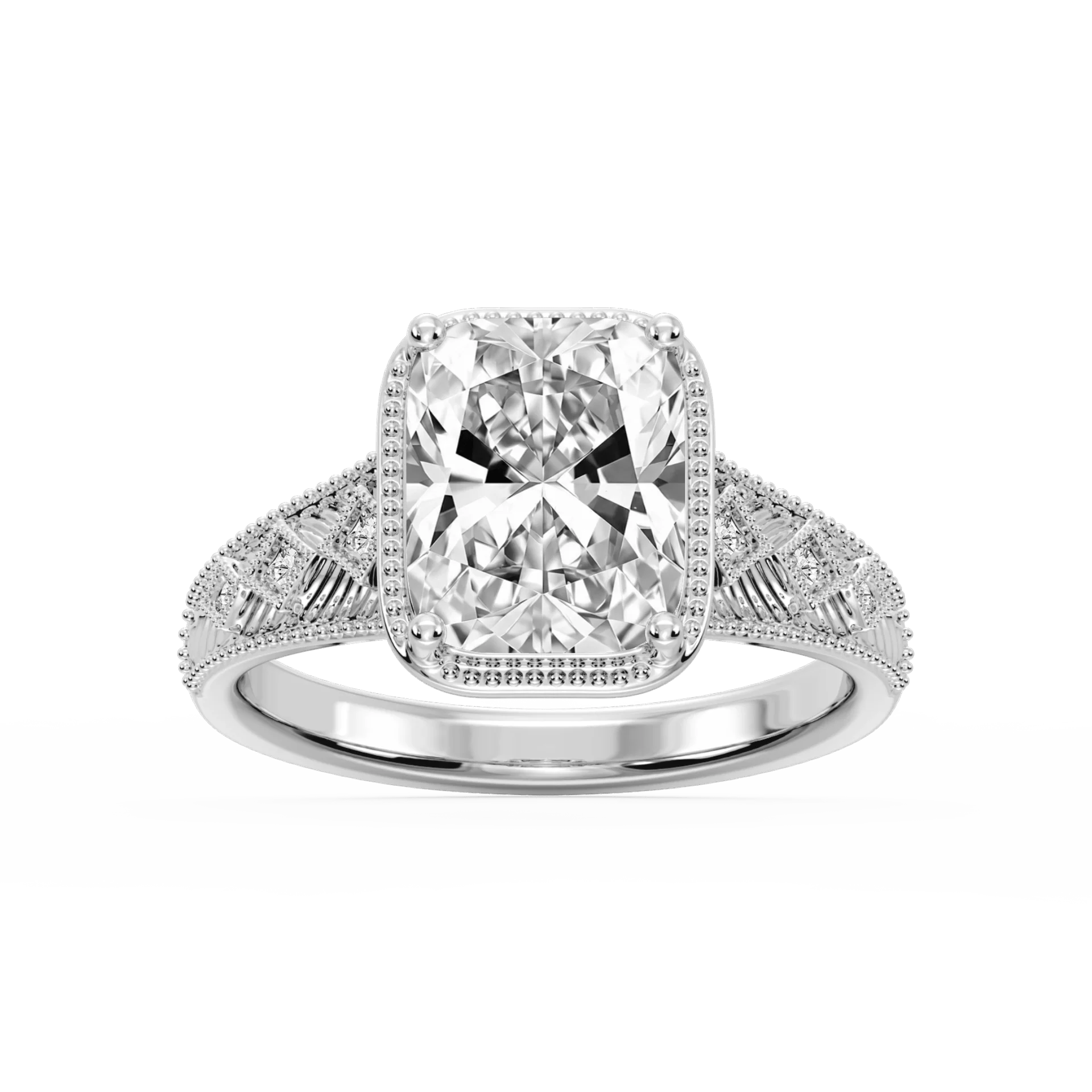 Sylvia Old Mine Cushion Lab Grown Diamond Etched Milgrain Side Stone Engagement Ring