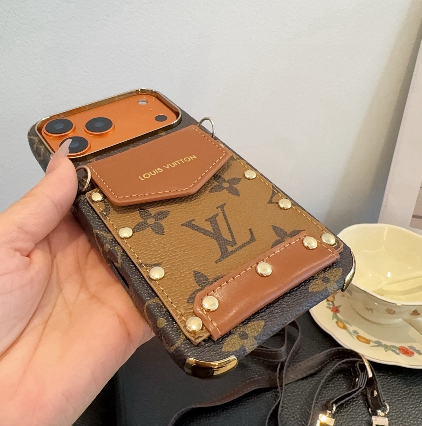 Louis Vuitton Style Monogram Card Holder Crossbody Phone Case With Rivet Detail