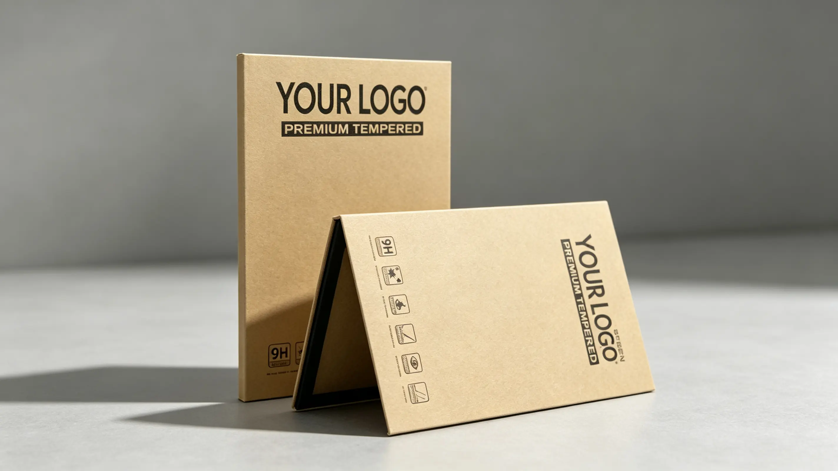 Custom retail packaging for tempered glass screen protectors with kraft paper stand-up card design