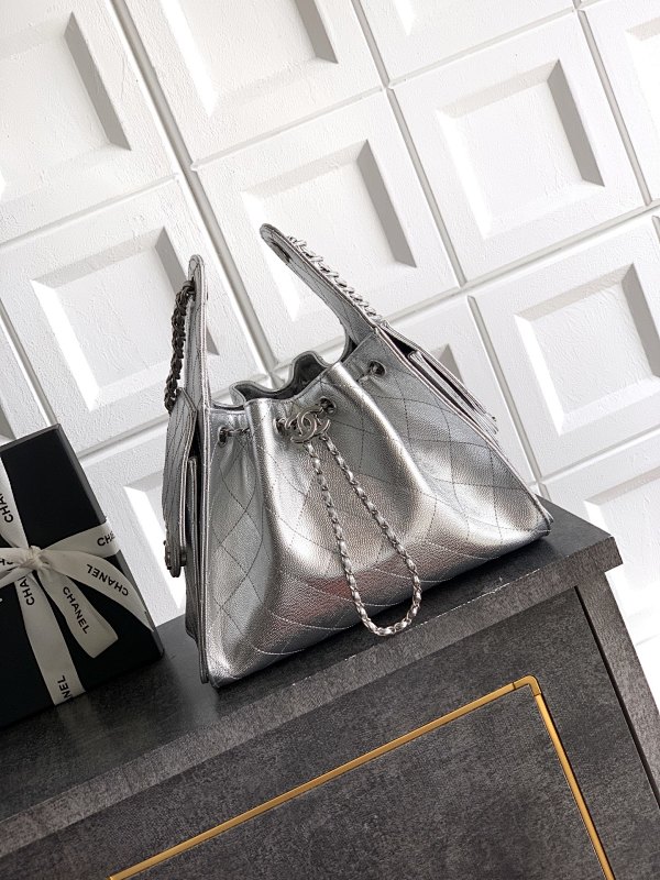 Chanel Drawstring Silver Bucket Bag