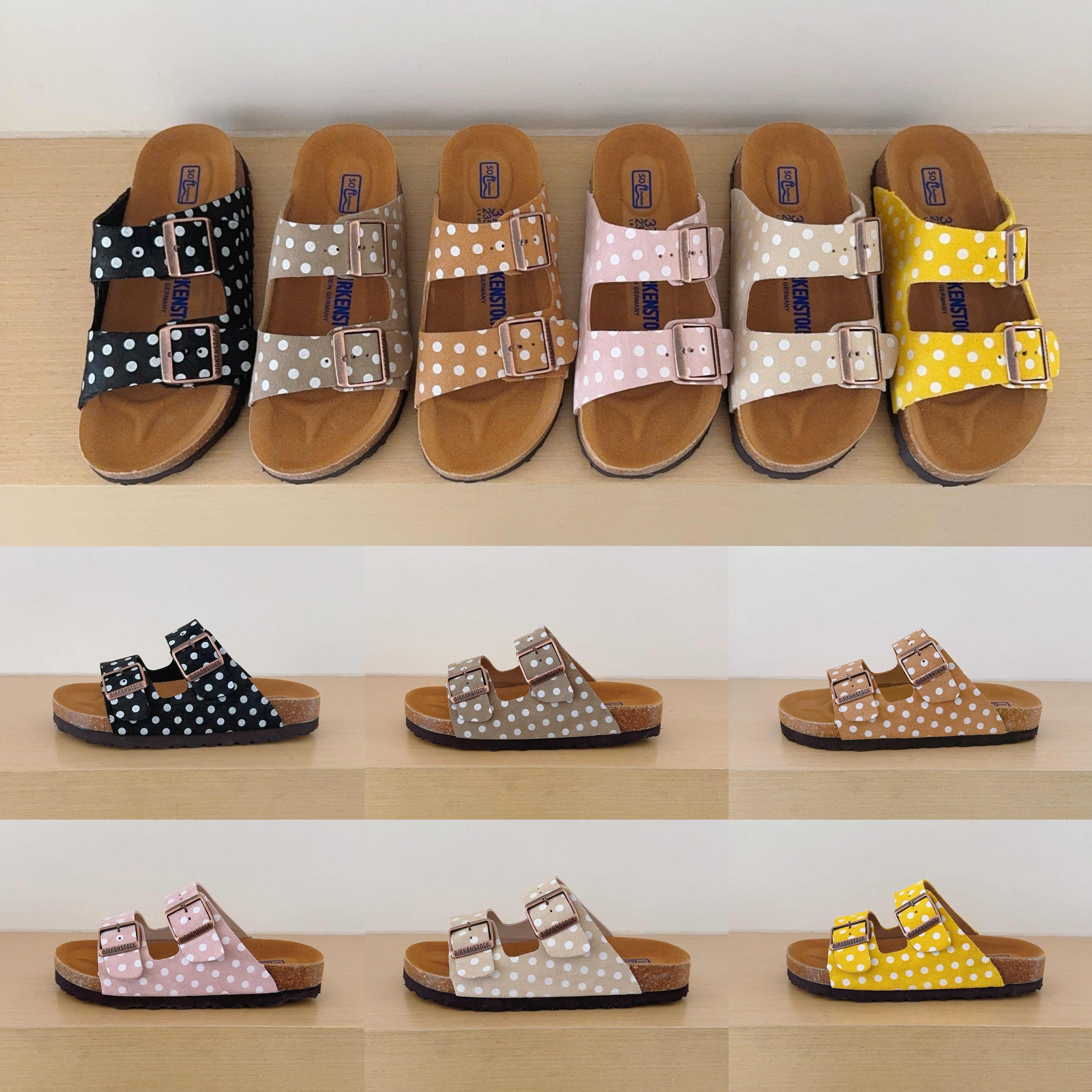 Polka Dot Birken-Style Two-Strap Sandals