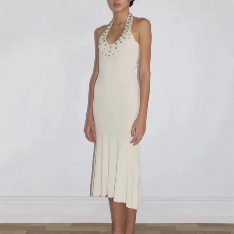 Wool Spanish Irregular Pearl Mother of Pearl Sequin Knitted Long Dress Slim Fit Dress for Women in Summer