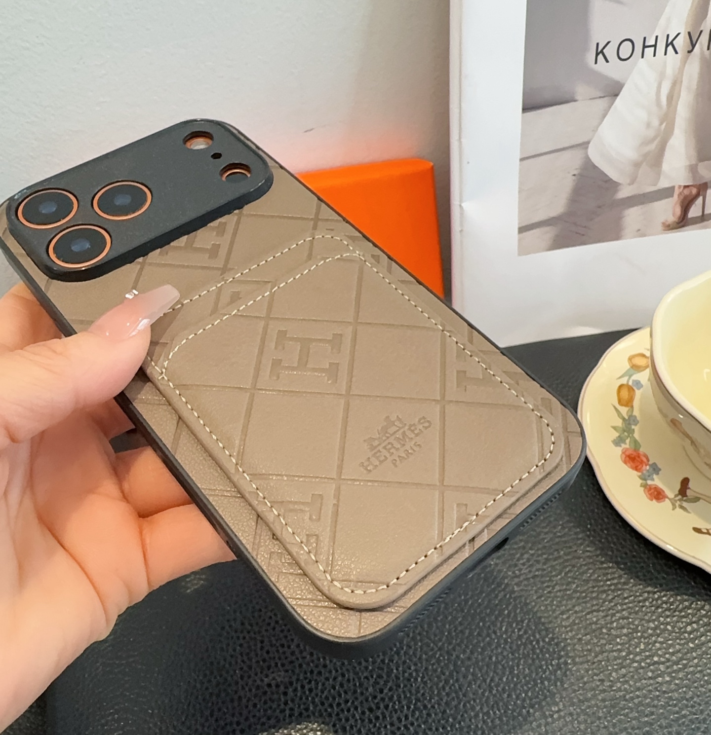 Hermès Embossed Monogram Leather Card Holder Phone Case