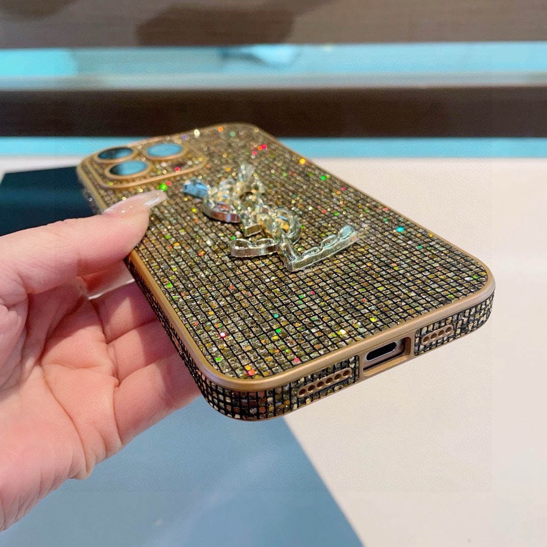 YSL Full Bling Glitter Diamond 3D Metal Logo Luxury Shockproof Phone Case