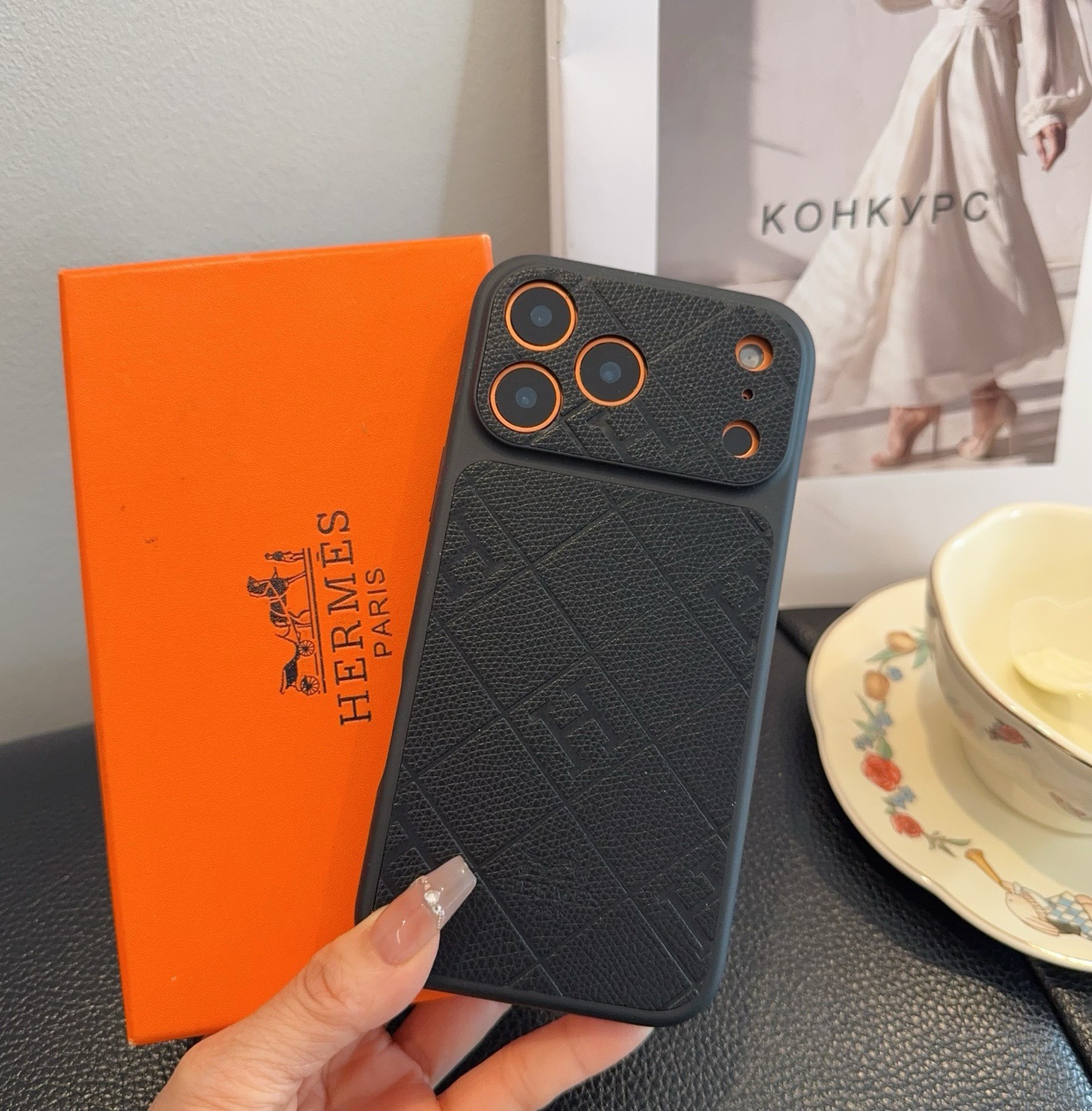 Hermès Style Embossed Leather Texture Full Cover Phone Case