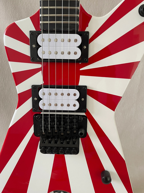 Customized 6-String V-Shaped Painted Electric Guitar, Red Stripe, White Paint