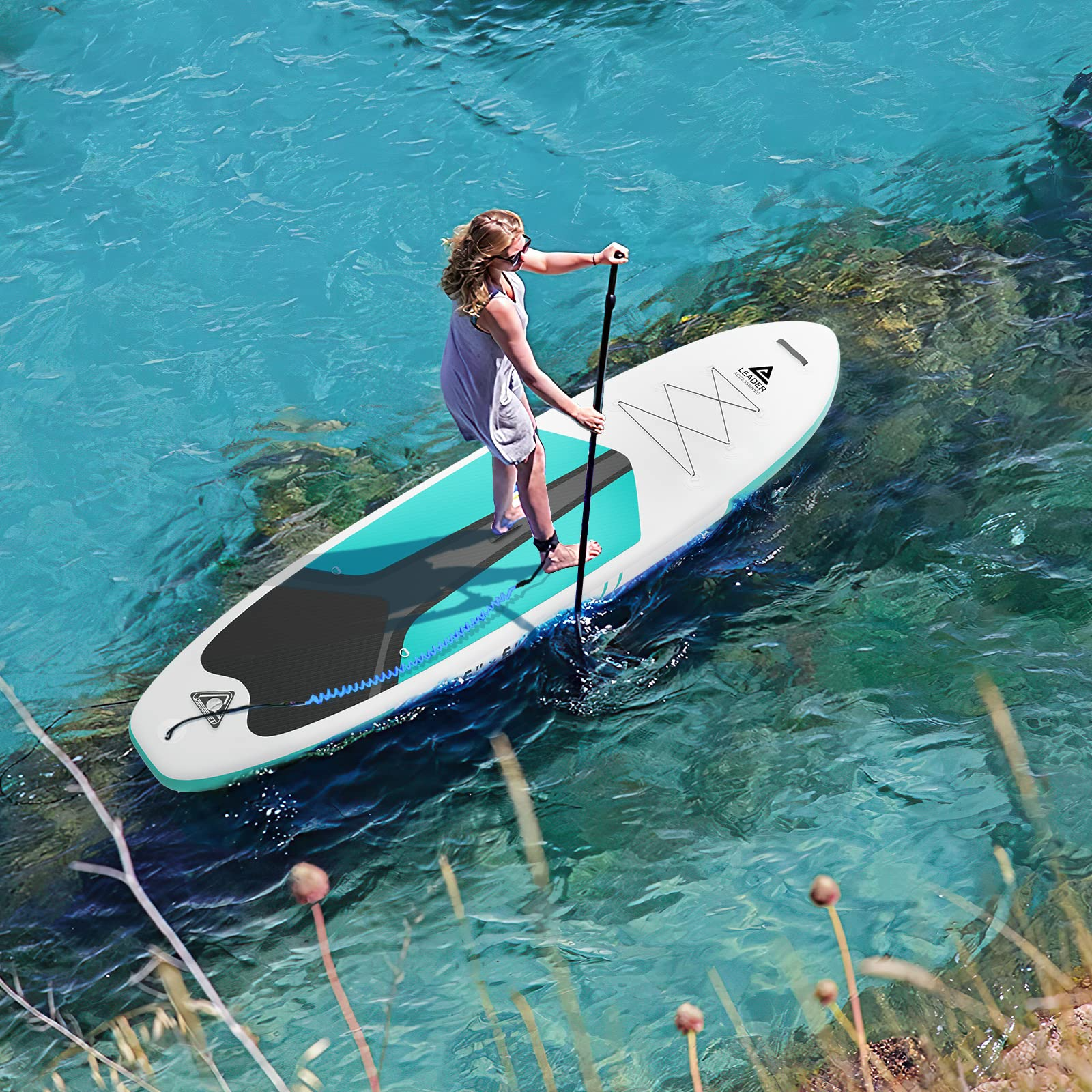 Inflatable Stand up Board with Fins Adjustable Paddle Kayak