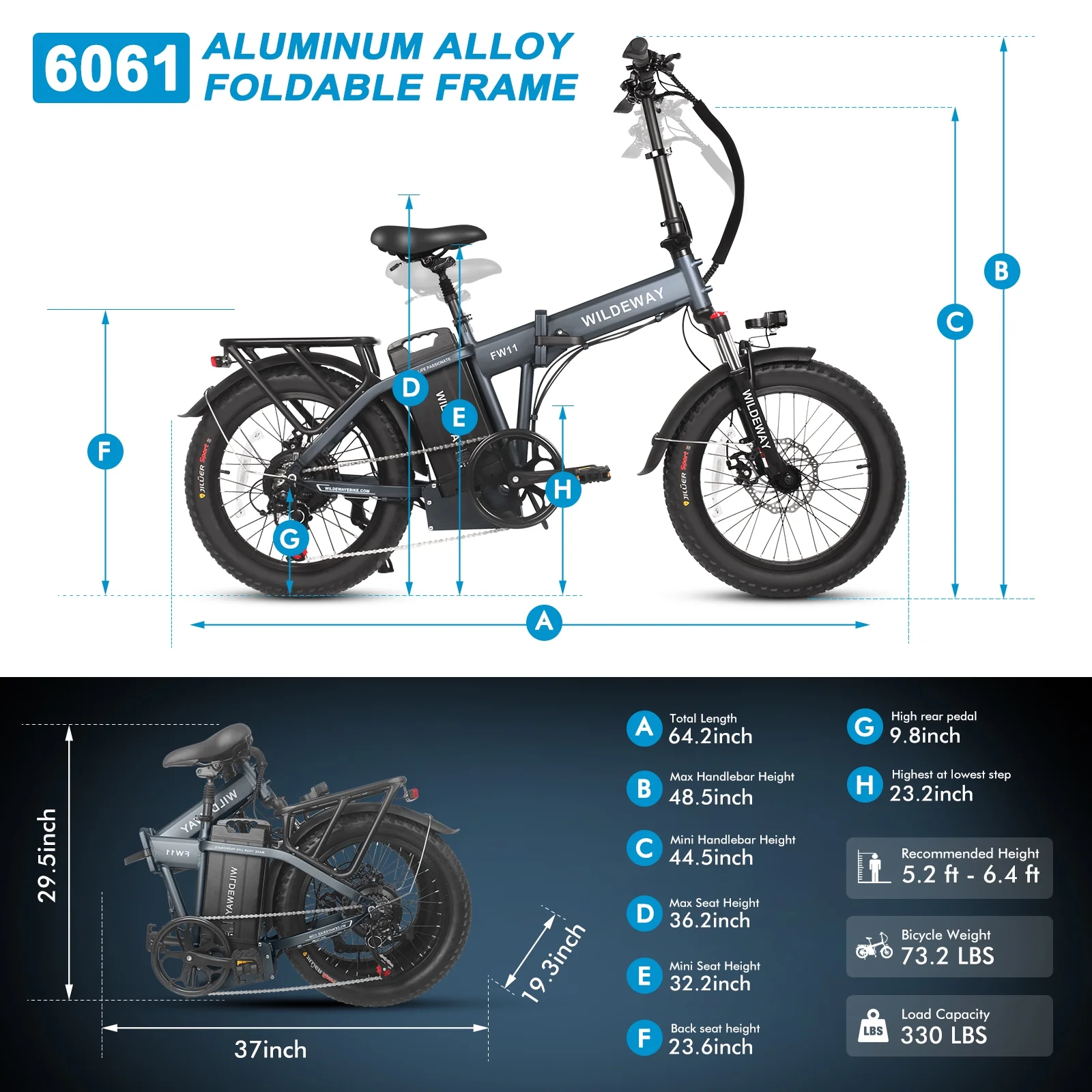 Wildeway 20in Folding Electric Bike, 750W, 48V 32Ah, Hydraulic Brakes