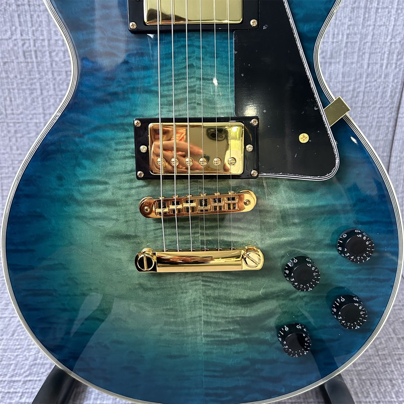 LP Blue Electric Guitar Gold Parts Black Pickguard Fixed Bridge 6 Strings