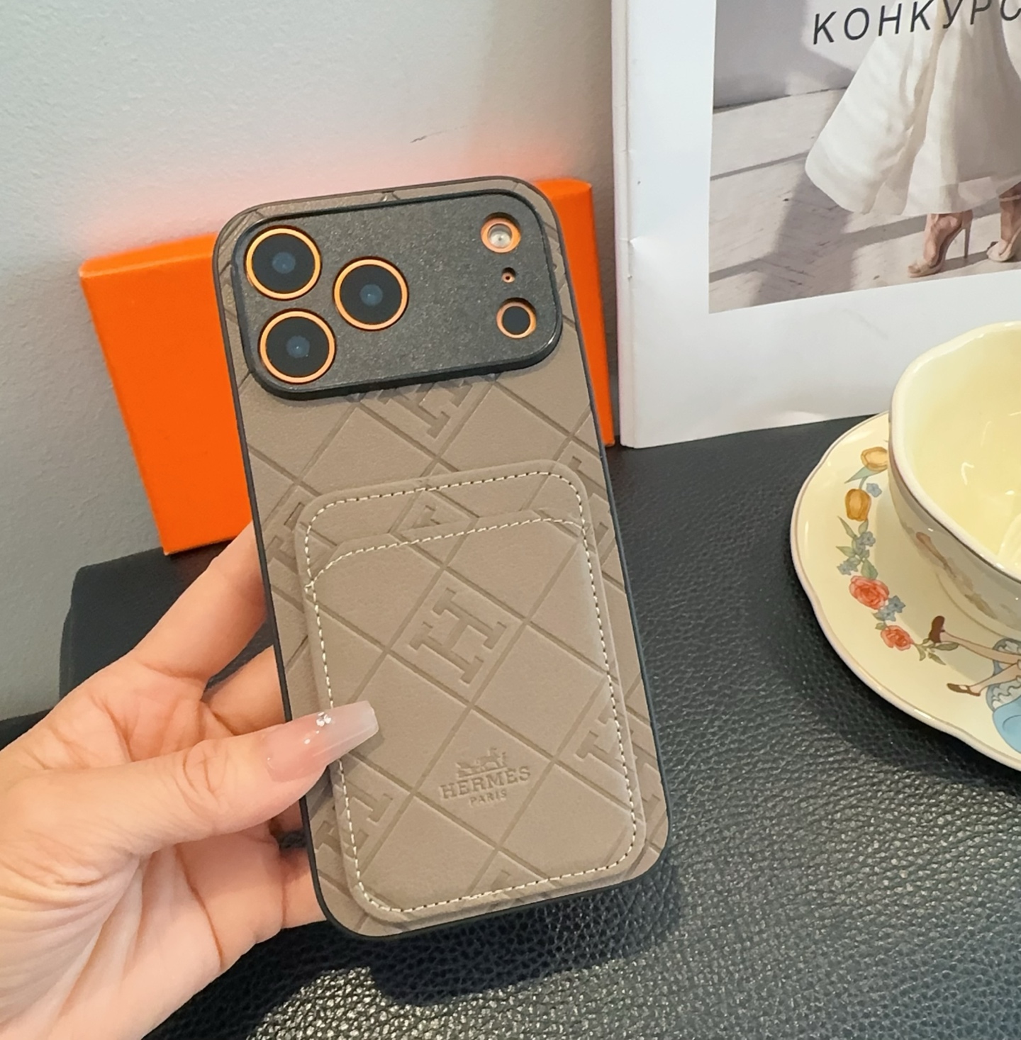 Hermès Embossed Monogram Leather Card Holder Phone Case