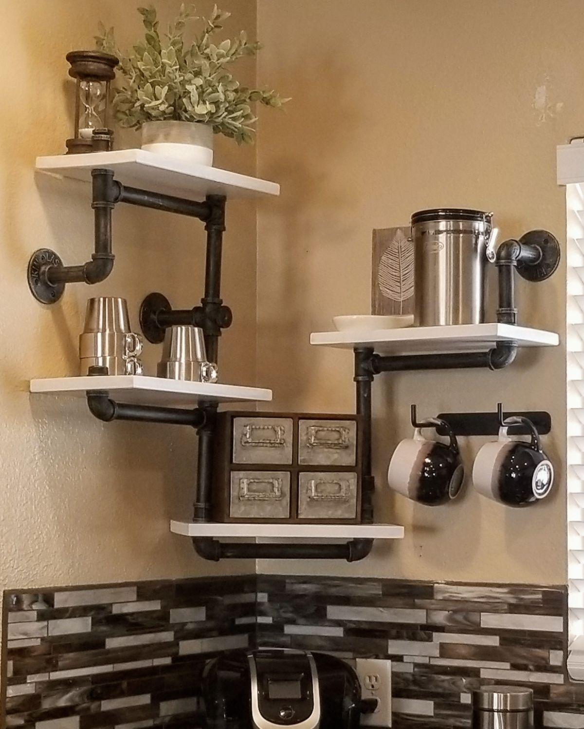Industrial Modern Wood Ladder Pipe Wall Shelf 4 Layer Pipe