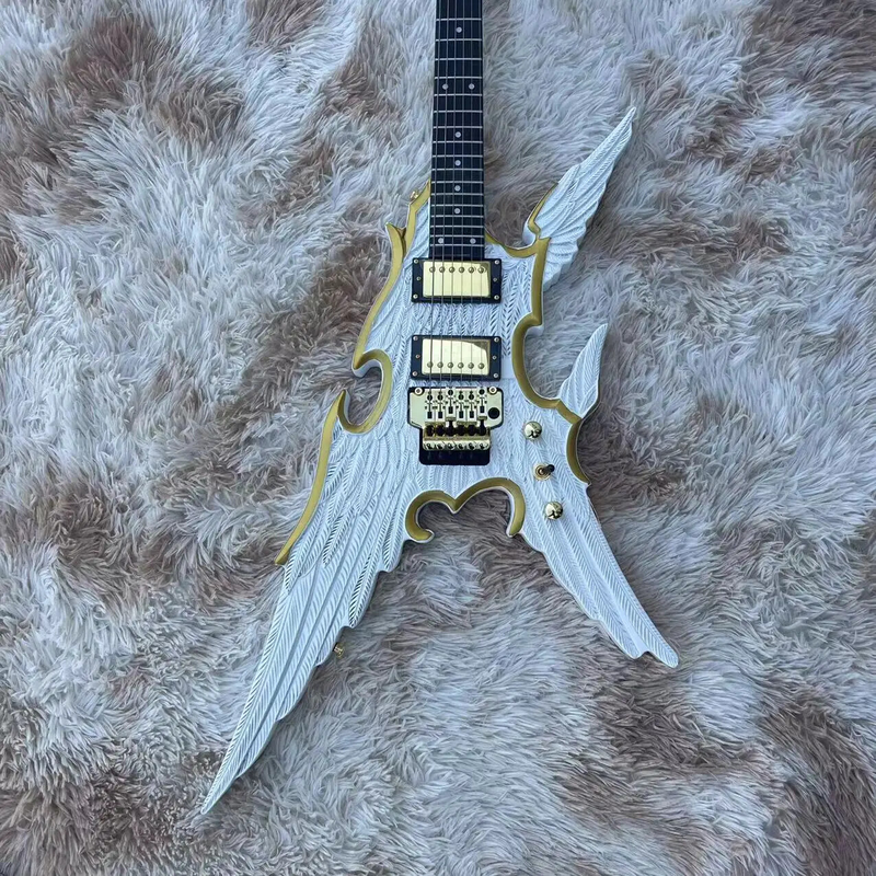 Engraved Angel Wings 6-string Split Electric Guitar, White Body with Gold Rim