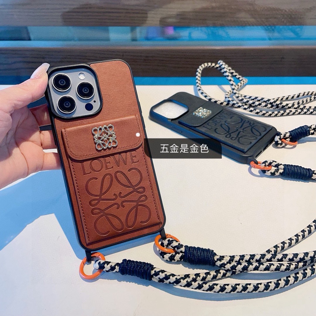 Loewe Style Leather Card Holder Phone Case with Crossbody Woven Strap