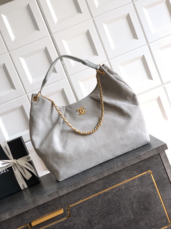 Chanel Suede Hobo Bag Silver Grey