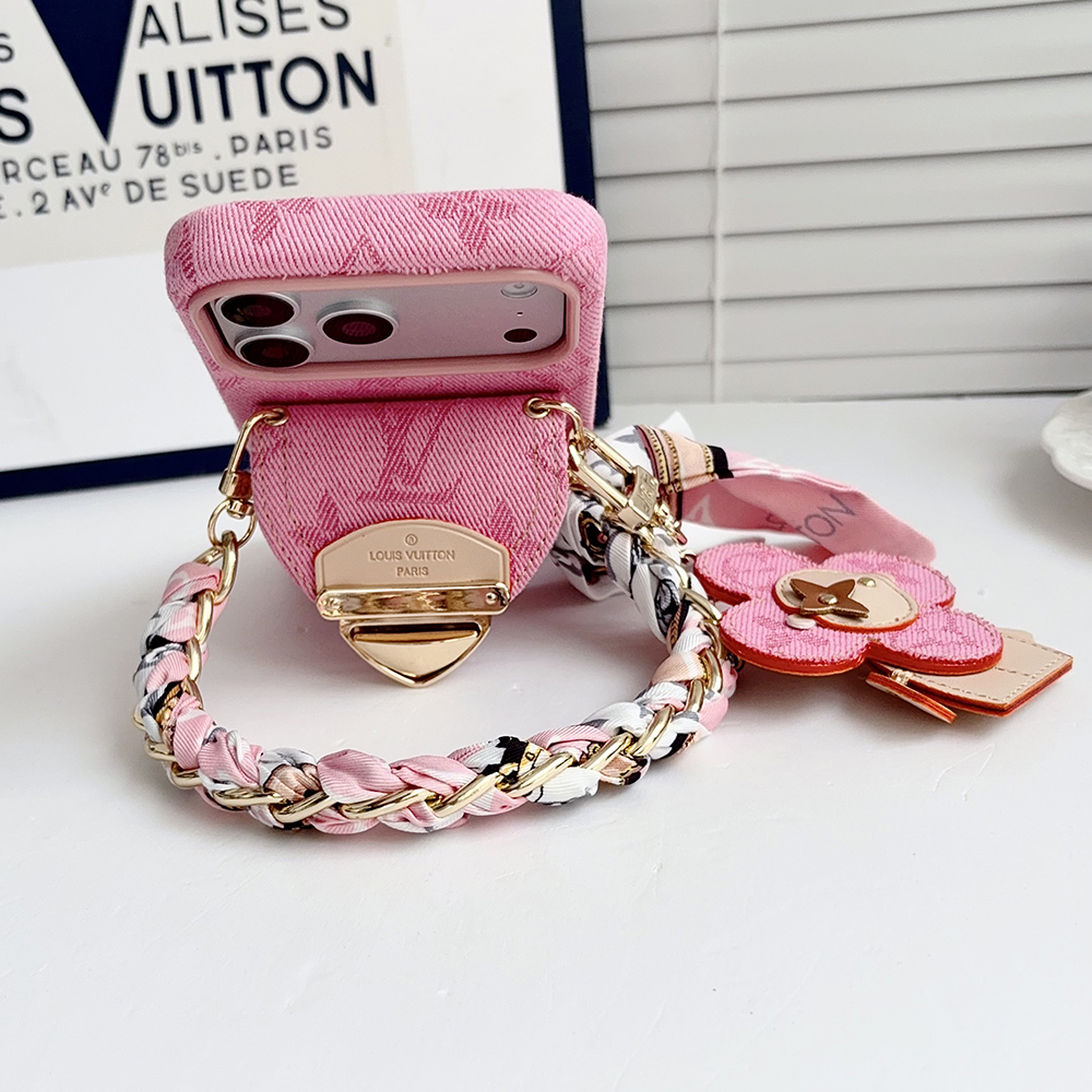 LV Monogram Denim Card Holder Phone Case With Chain Wrist Strap Vivienne Flower Charm