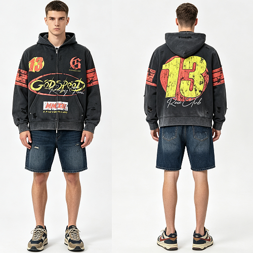 Godspeed 26SS Racing No.13 Vintage Distressed Zip-up Hoodie