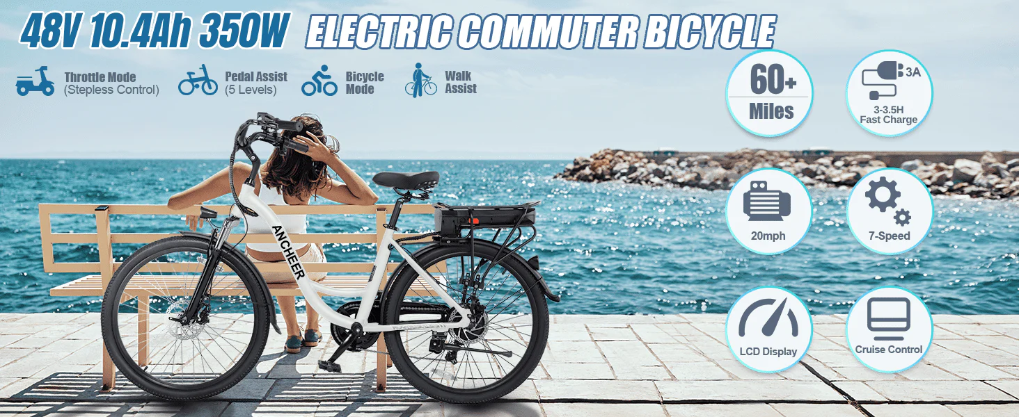 ANCHEER 26in Electric Commuter Bike, 48V 500Wh, 7-Speed
