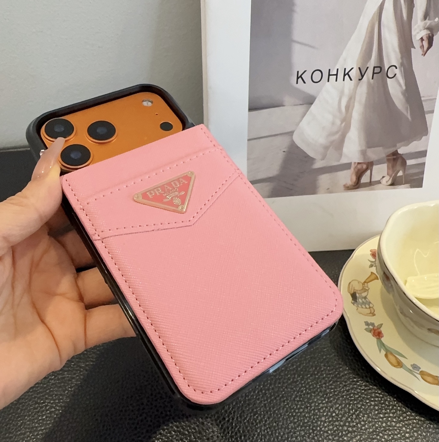 Prada Saffiano Leather Flip Wallet Card Holder Luxury Phone Case