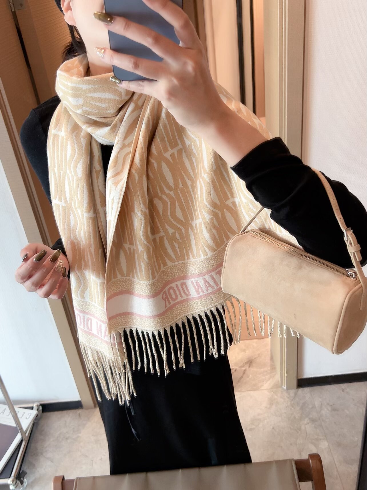 Dior Fringed Square Scarf Beige product images