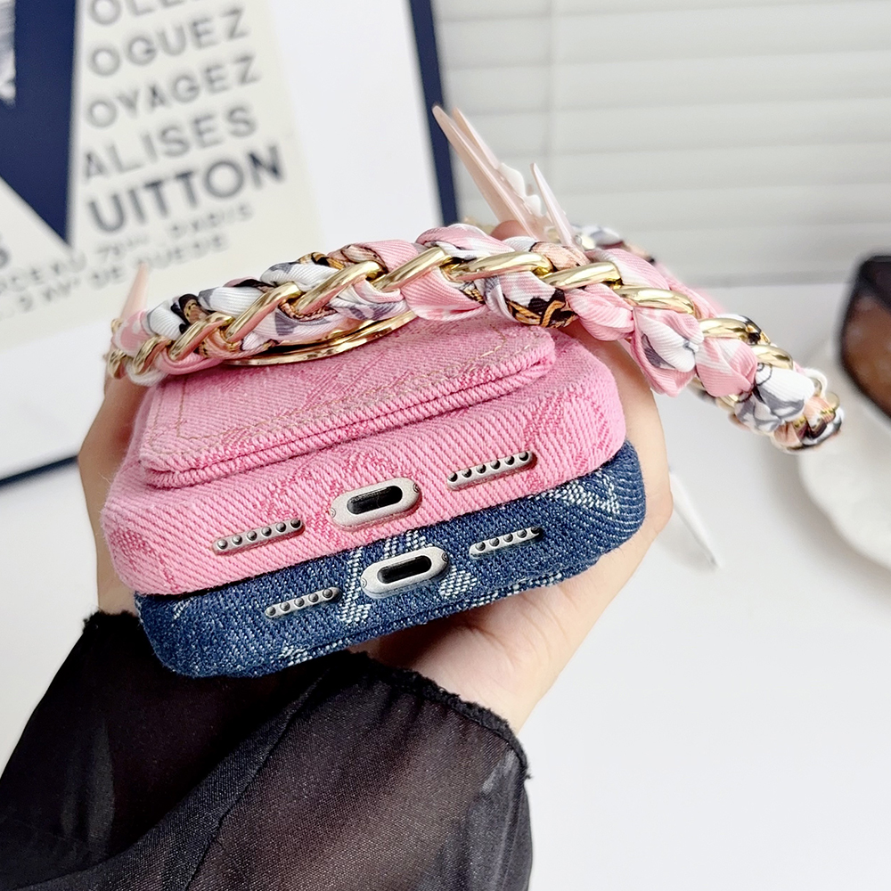 LV Monogram Denim Card Holder Phone Case With Chain Wrist Strap Vivienne Flower Charm