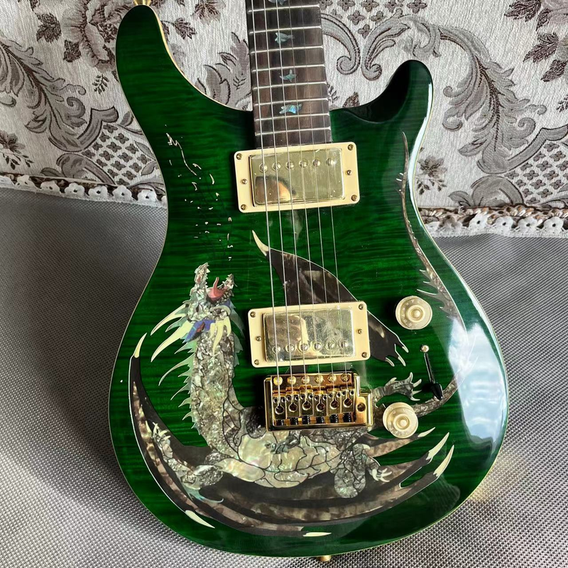 Electric Guitar Abalone Dragon Inlay Gold Bridge Dark Green Burst Maple 6strings