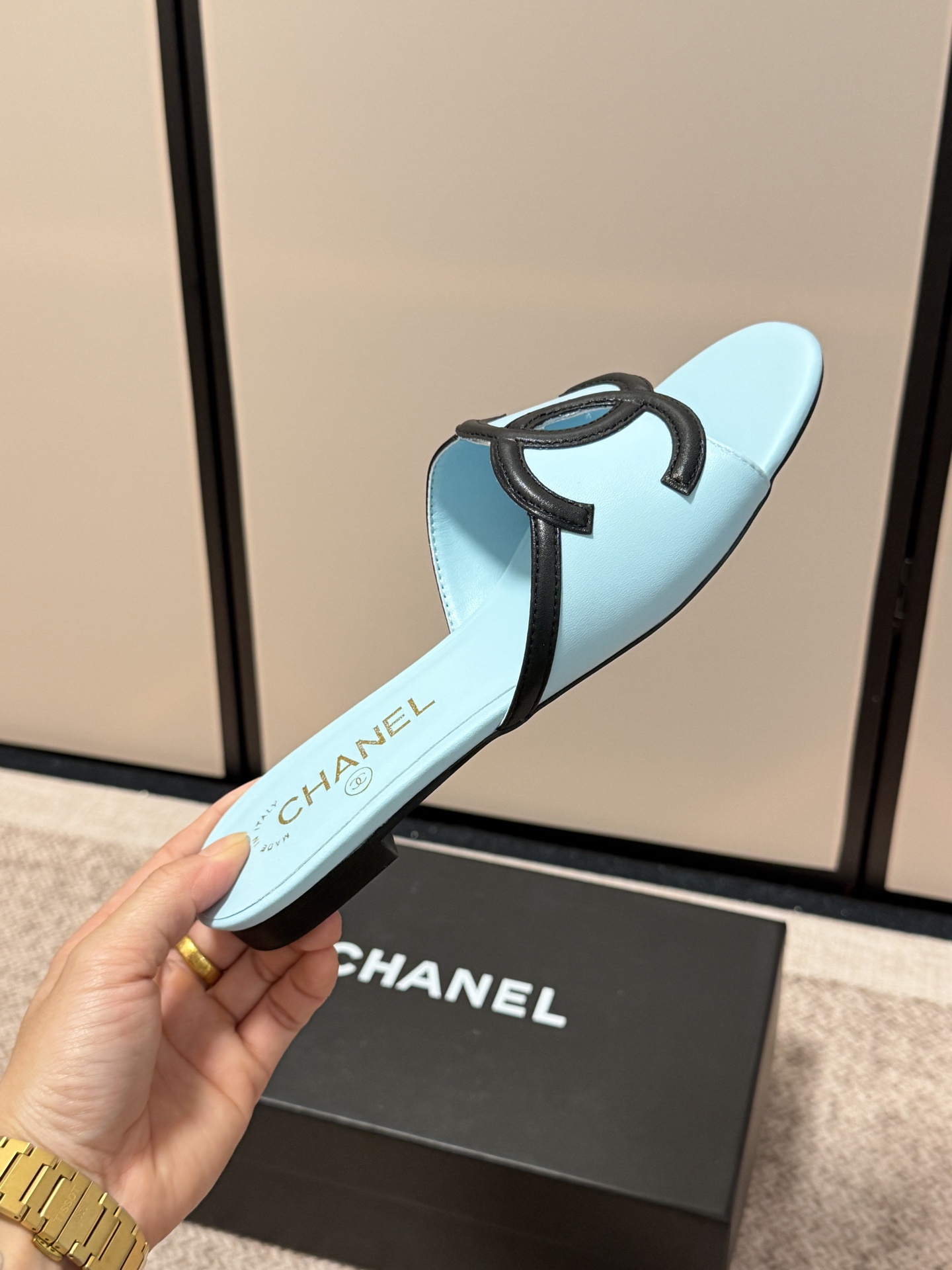 Chanel Cutout Double-C Slide Sandals - Light Blue detail 3