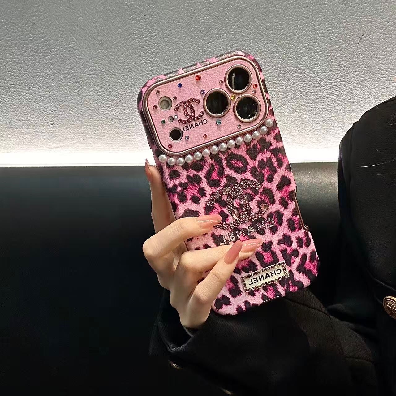 Leopard Print Rhinestone CC Logo Pearl Trim Luxury Shockproof iPhone Case With Crystal Wrist Chain
