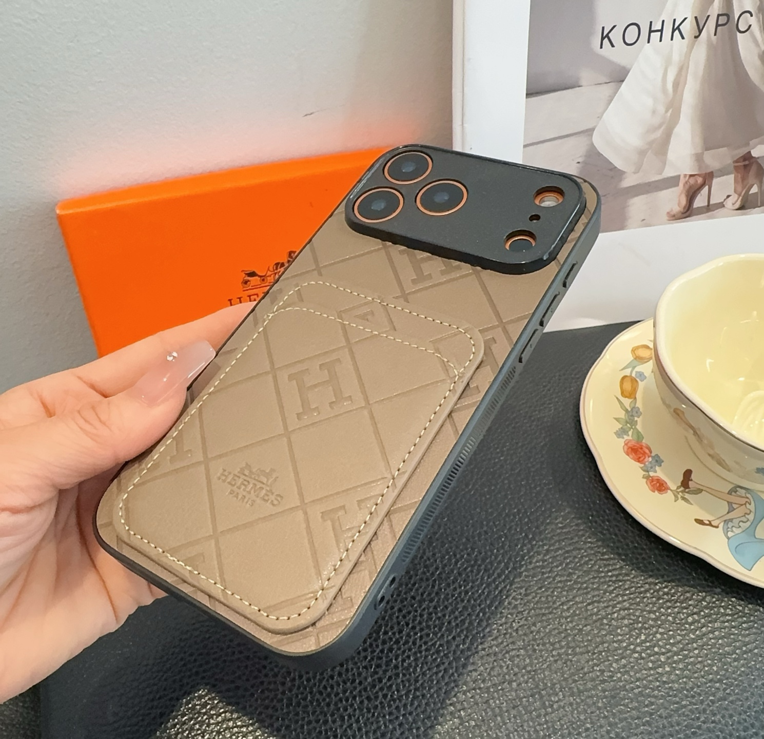 Hermès Embossed Monogram Leather Card Holder Phone Case