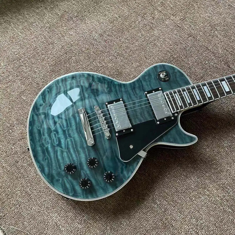 New Customized Electric Guitar Black Blue Flame Maple Top Guitar Chrome Hardware