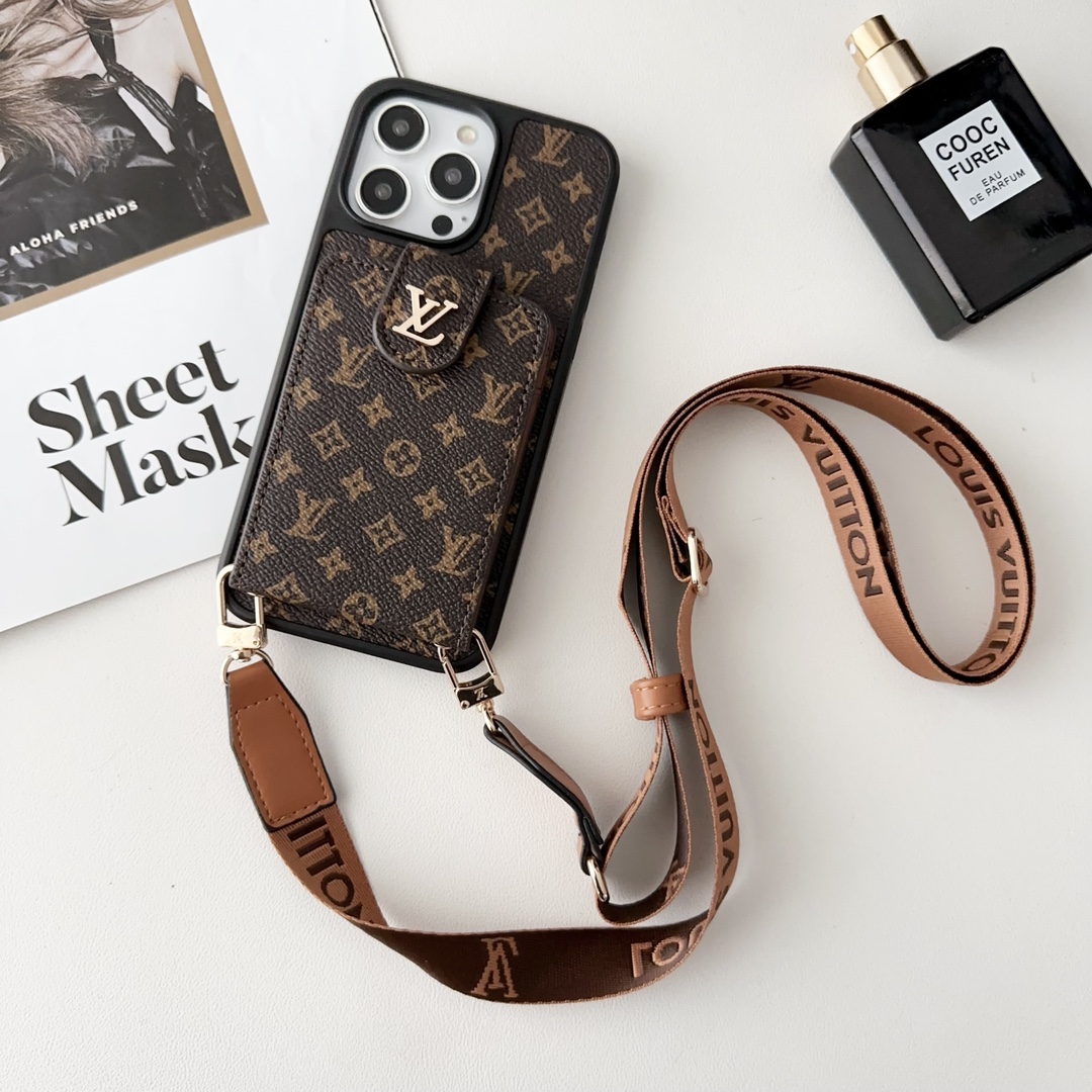 Designer Monogram Card Holder Phone Case with LV & GG Metal Buckle